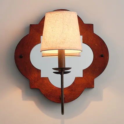 Front. Parrot Uncle - 13.8 in. 1-Light Antique Wooden Wall Sconce with Beige Linen Shade - Antique.