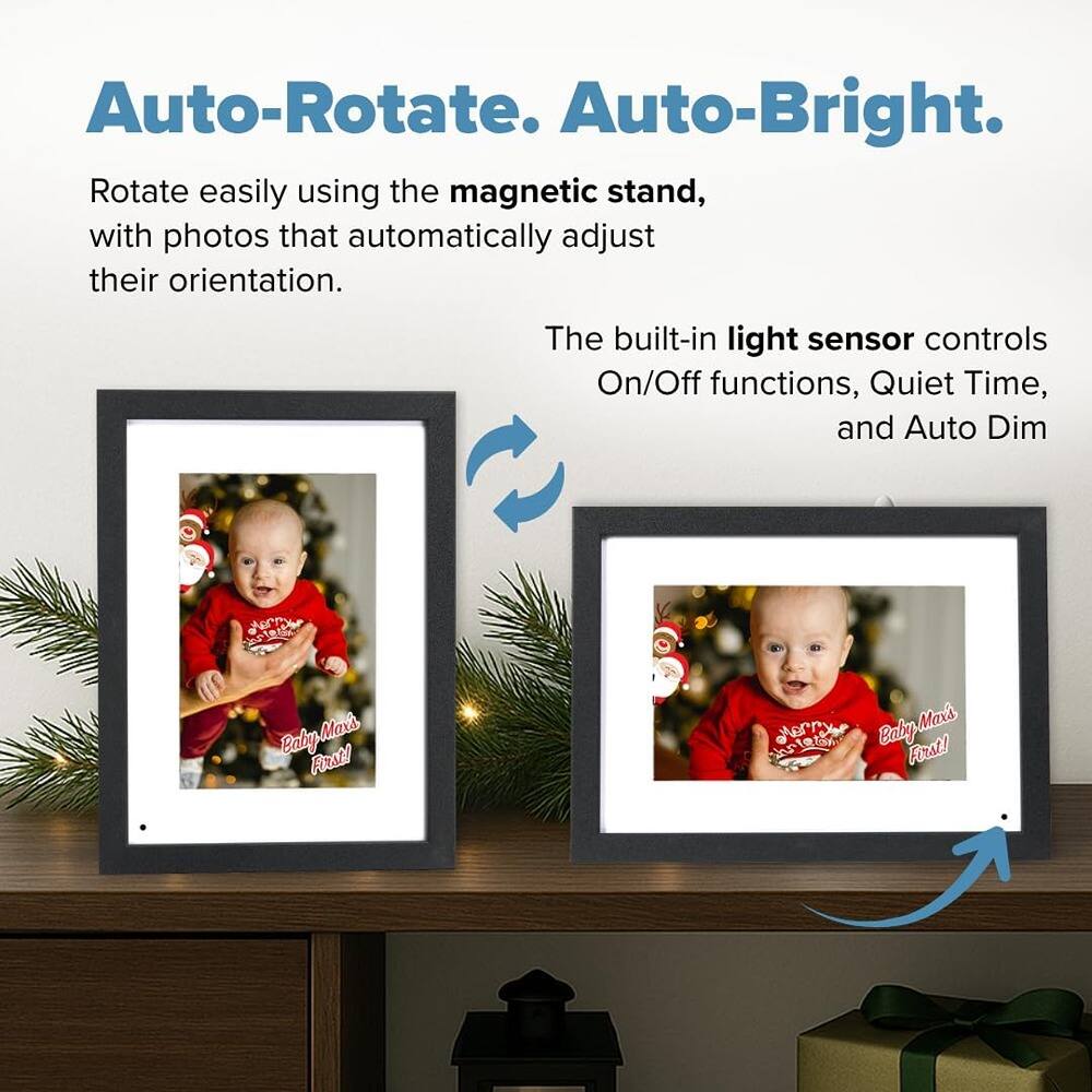 Auto-Rotate. Auto-Bright.

Rotate easily using the magnetic stand, with photos that automatically adjust their orientation.

The built-in light sensor controls On/Off functions, Quiet Time, and Auto Dim.