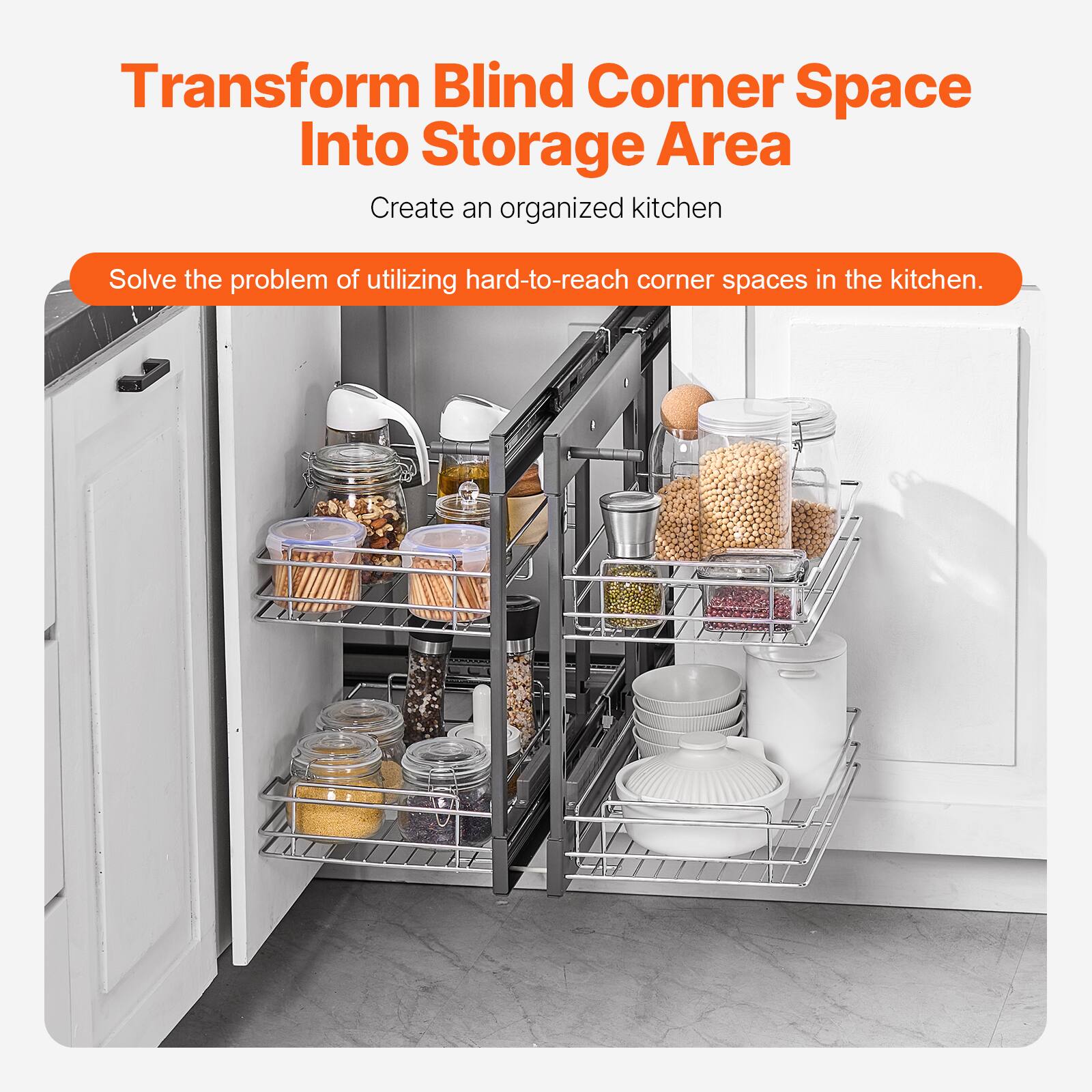 Transform Blind Corner Space Into Storage Area

Create an organized kitchen

Solve the problem of utilizing hard-to-reach corner spaces in the kitchen.