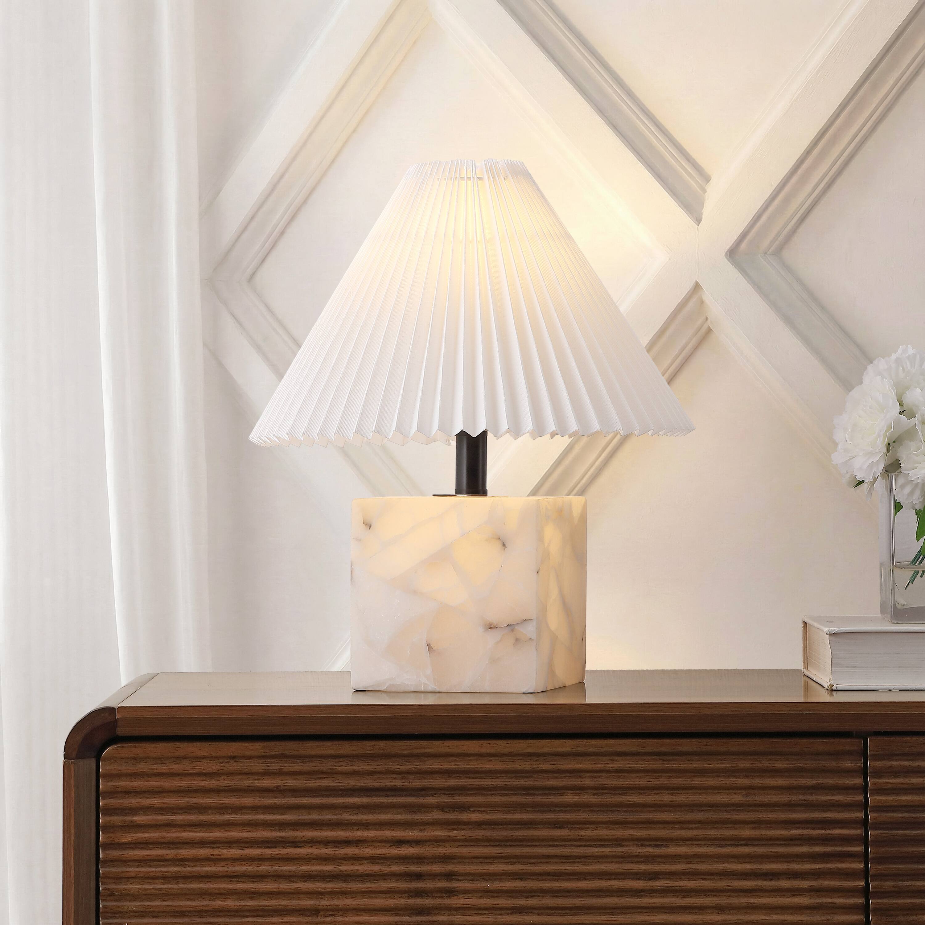 Alt View 1. Jonathan Y - Hermin 16.5 in. Geometric Sculptural Alabaster Cube Metal LED Table Lamp with Nightlight Base and Pleated Shade, White - White.