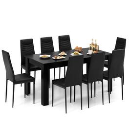Costway - Modern Rectangular Kitchen Table Set with 8 PVC Leather Dining Chairs - Black