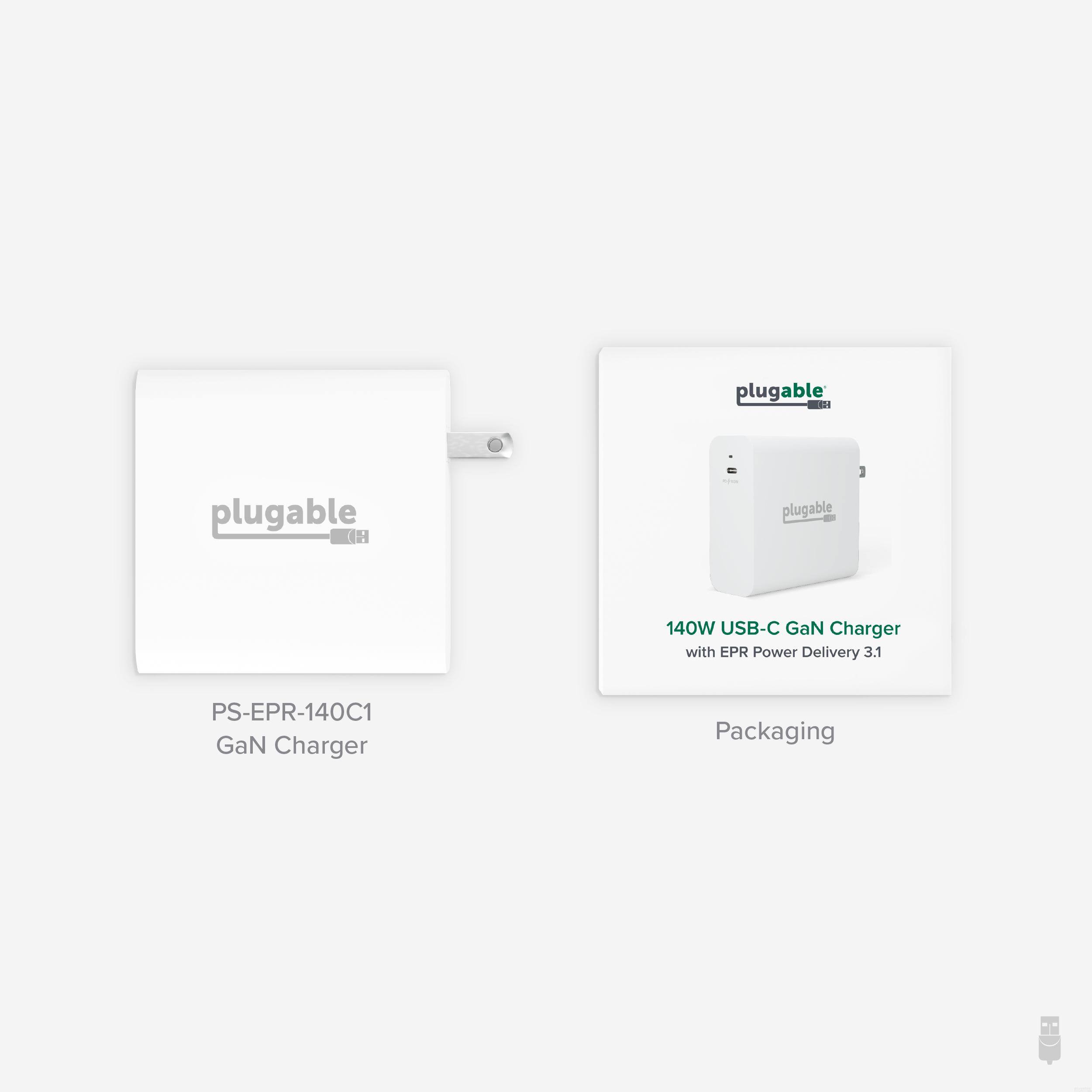 plugable  
PS-EPR-140C1  
GaN Charger  

plugable  
140W USB-C GaN Charger  
with EPR Power Delivery 3.1  

Packaging