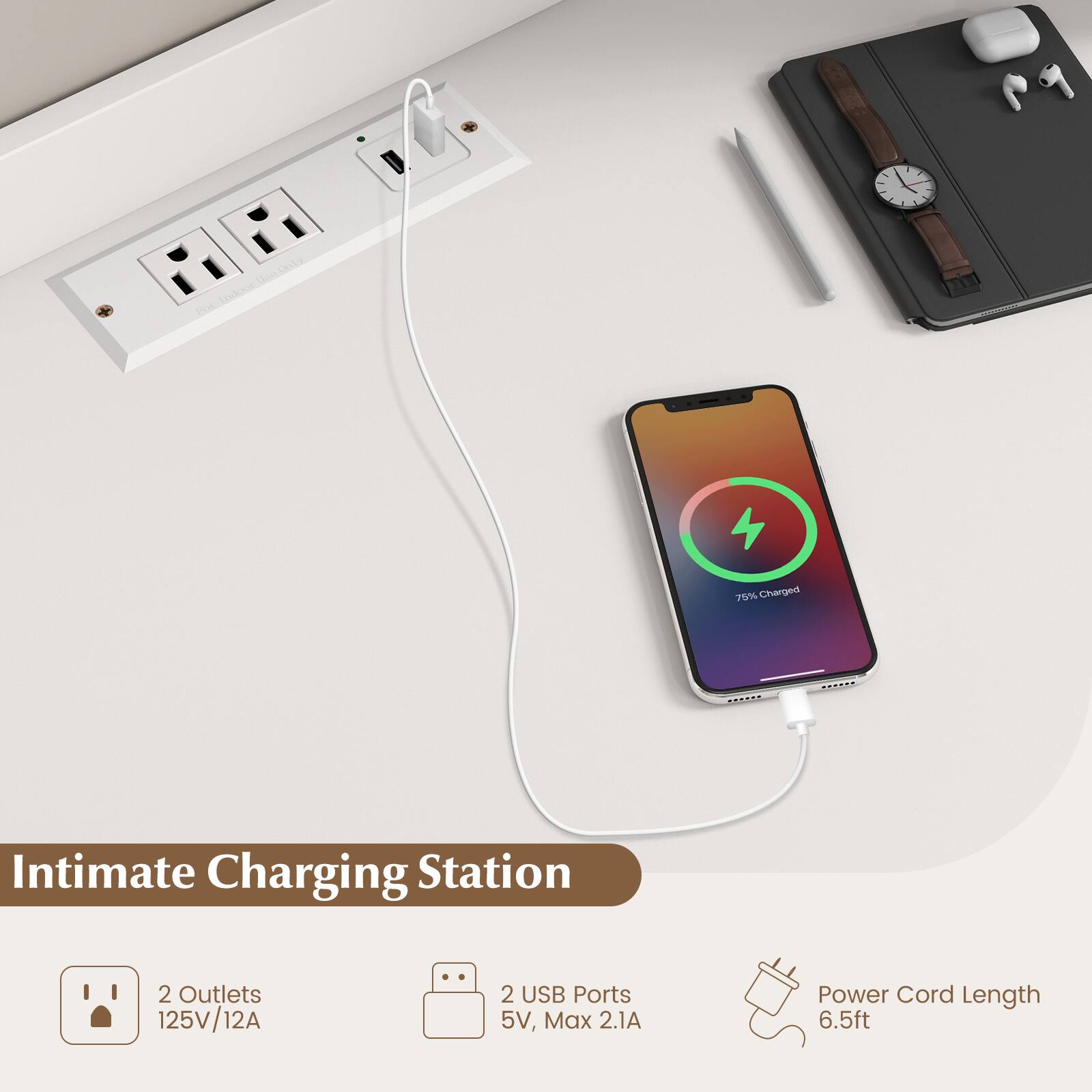 Intimate Charging Station 2 Outlets 125V/12A 2 USB Ports 5V, Max 2.1A Power Cord Length 6.5ft 5 Candy Cokoos 75% Charged