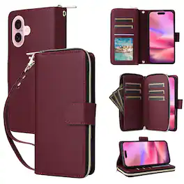 Dteck - Crossbody Wallet Case for Apple iPhone 17, Shockproof Zipper Pocket PU Leather Folio Cover with 9 Card Slots - Winered