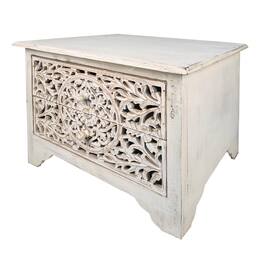 Manhattan Lane - 24 Inch Handcrafted Mango Wood Nightstand Side Table, 2 Drawers, Floral Carved Cut Out Design - White