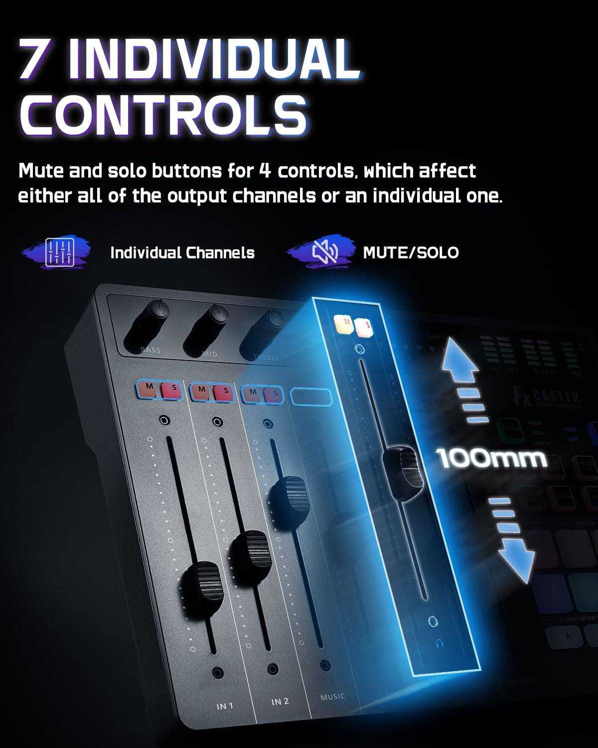 7 INDIVIDUAL CONTROLS

Mute and solo buttons for 4 controls, which affect either all of the output channels or an individual one.

Individual Channels

MUTE/SOLO

100mm