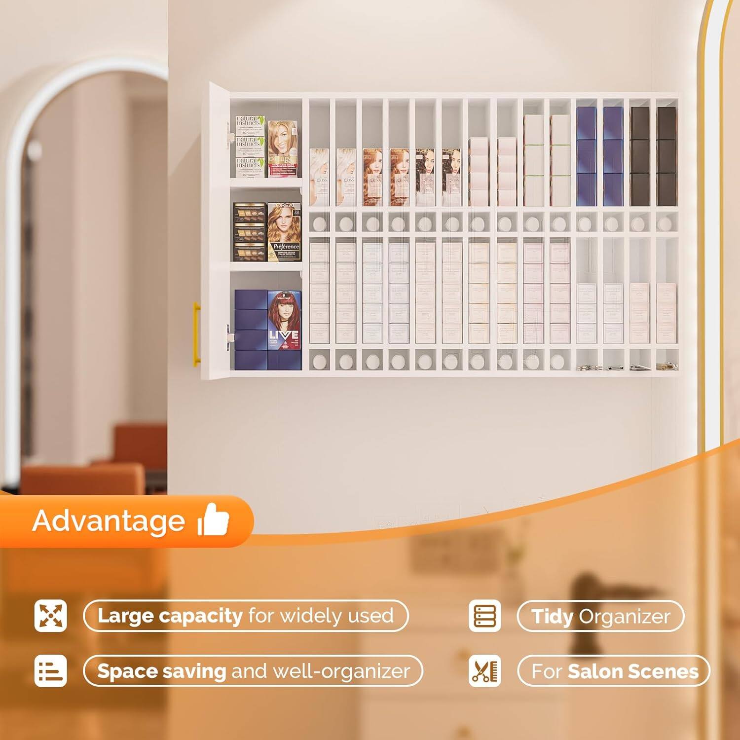 Sure, here is the corrected and grouped text:

---

**Advantage**

- Large capacity for widely used
- Space saving and well-organized
- Tidy Organizer
- For Salon Scenes

---

**Additional Text:**

- I LIVE Advantage
- Large capacity for widely used Tidy Organizer
- Space saving and well-organized
- For Salon Scenes