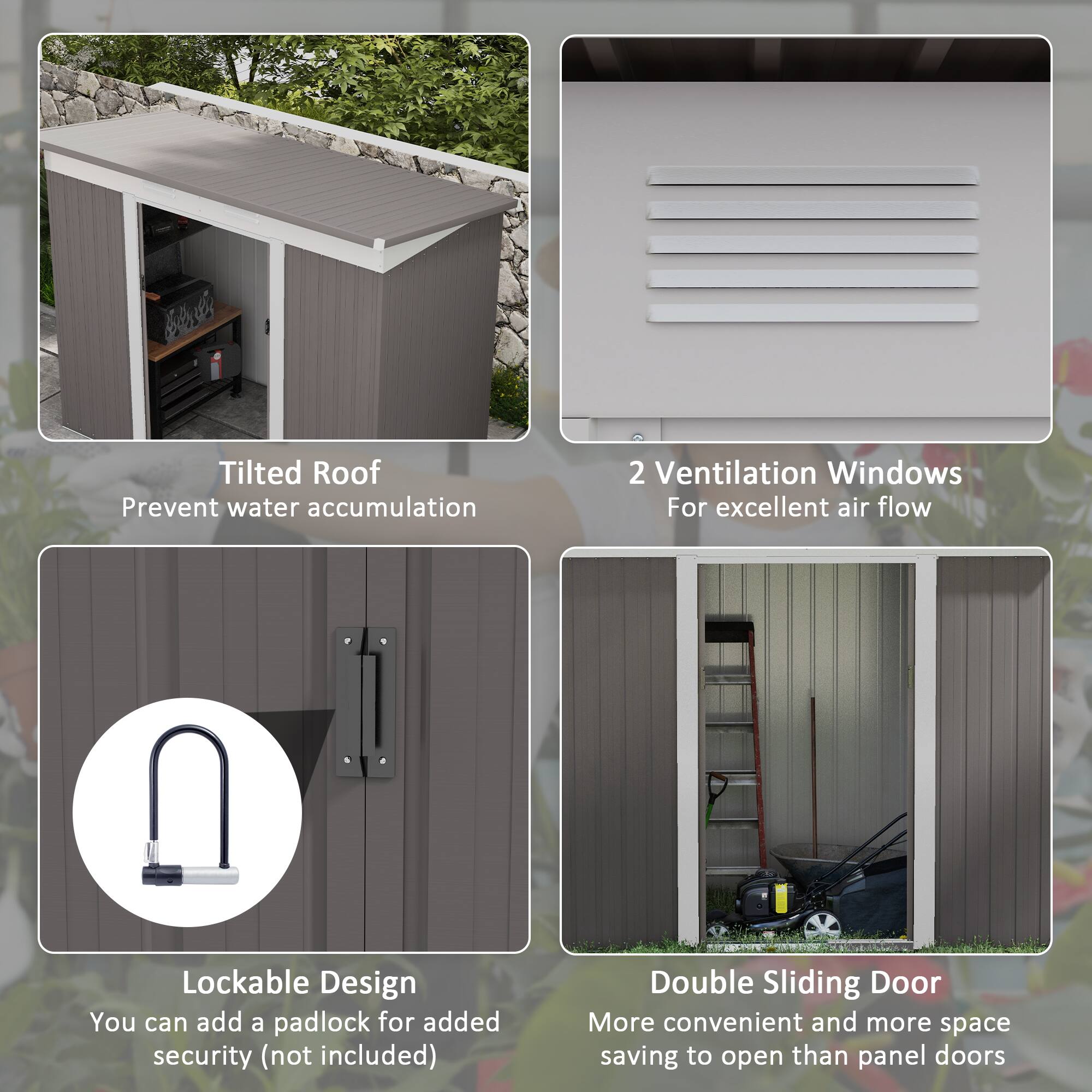 Tilted Roof, 2 Ventilation Windows, Lockable Design, Double Sliding Door