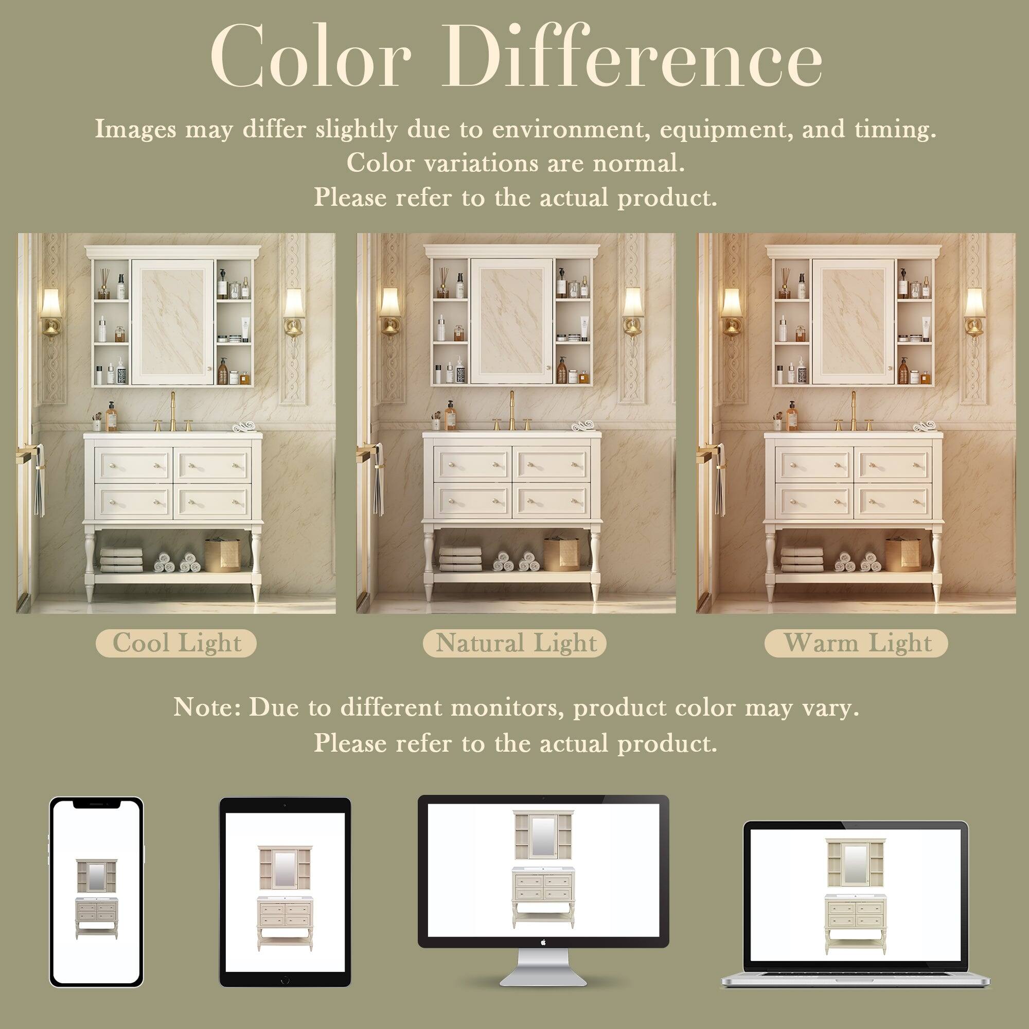 Color Difference

Images may differ slightly due to environment, equipment, and timing. Color variations are normal. Please refer to the actual product.

Cool Light Natural Light Warm Light

Note: Due to different monitors, product color may vary. Please refer to the actual product.