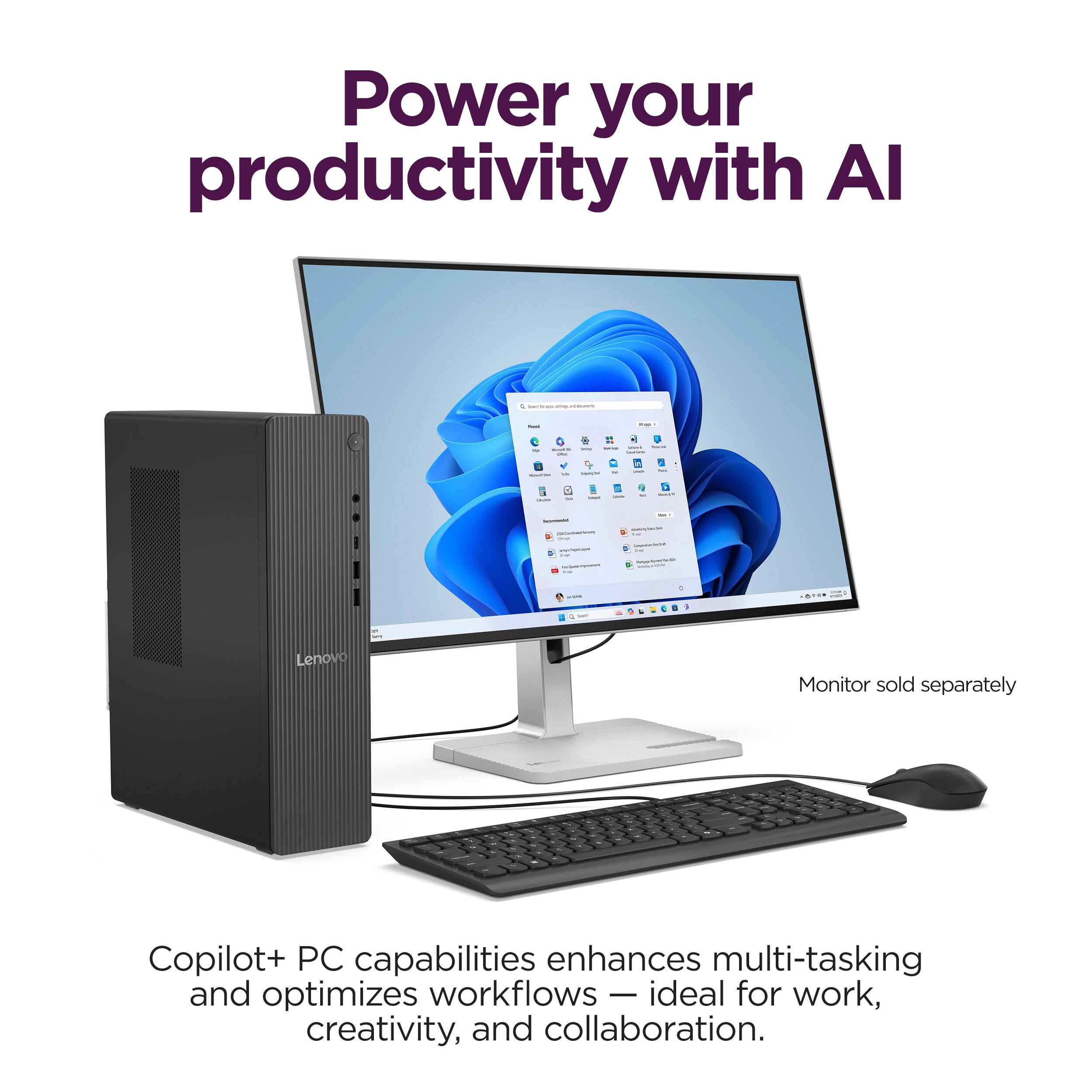 Power your productivity with AI

Copilot+ PC capabilities enhances multi-tasking and optimizes workflows — ideal for work, creativity, and collaboration.

Monitor sold separately