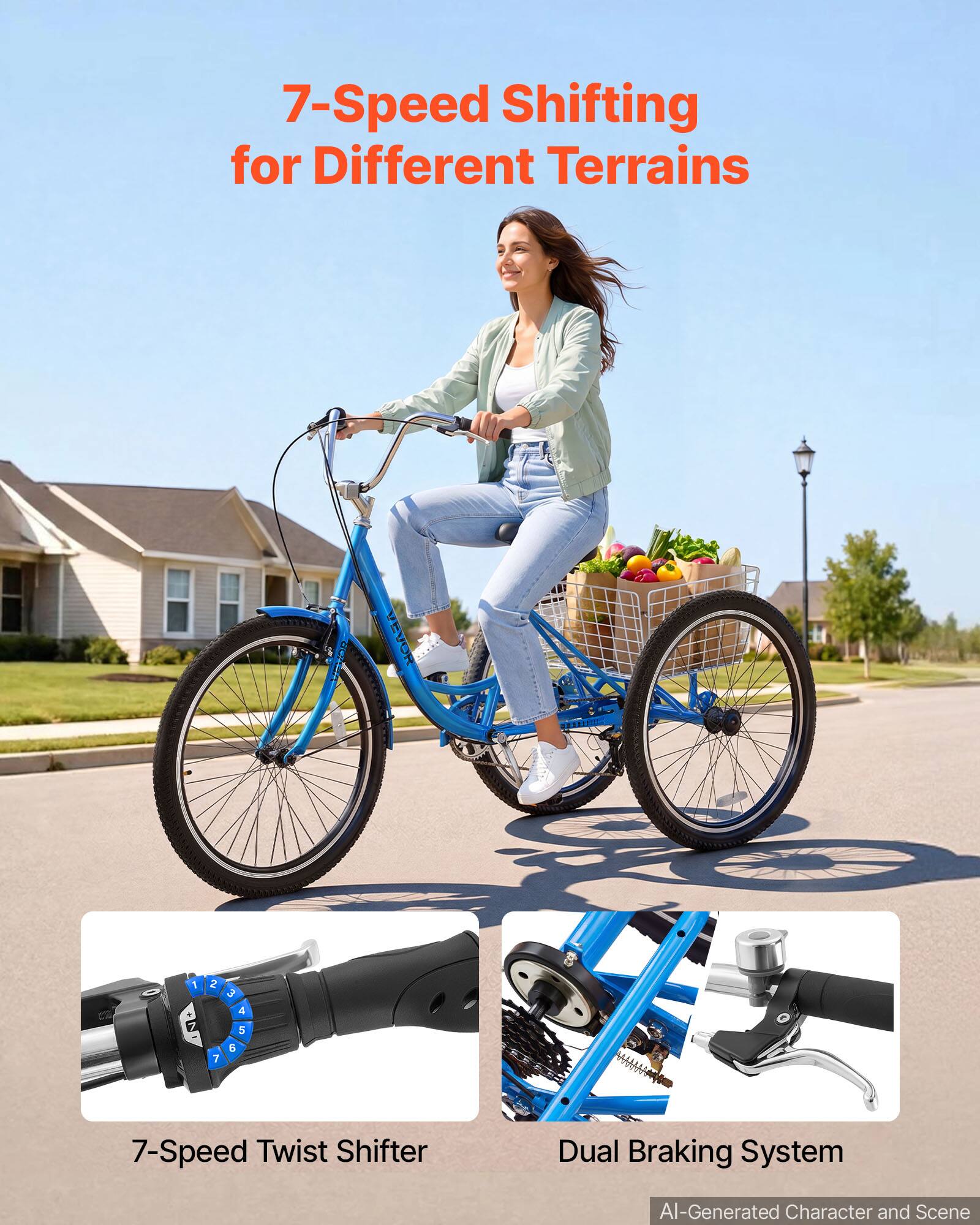 7-Speed Shifting for Different Terrains

VEVOR

1 + 7
2
3 4 5
7
6

7-Speed Twist Shifter
Dual Braking System

AI-Generated Character and Scene