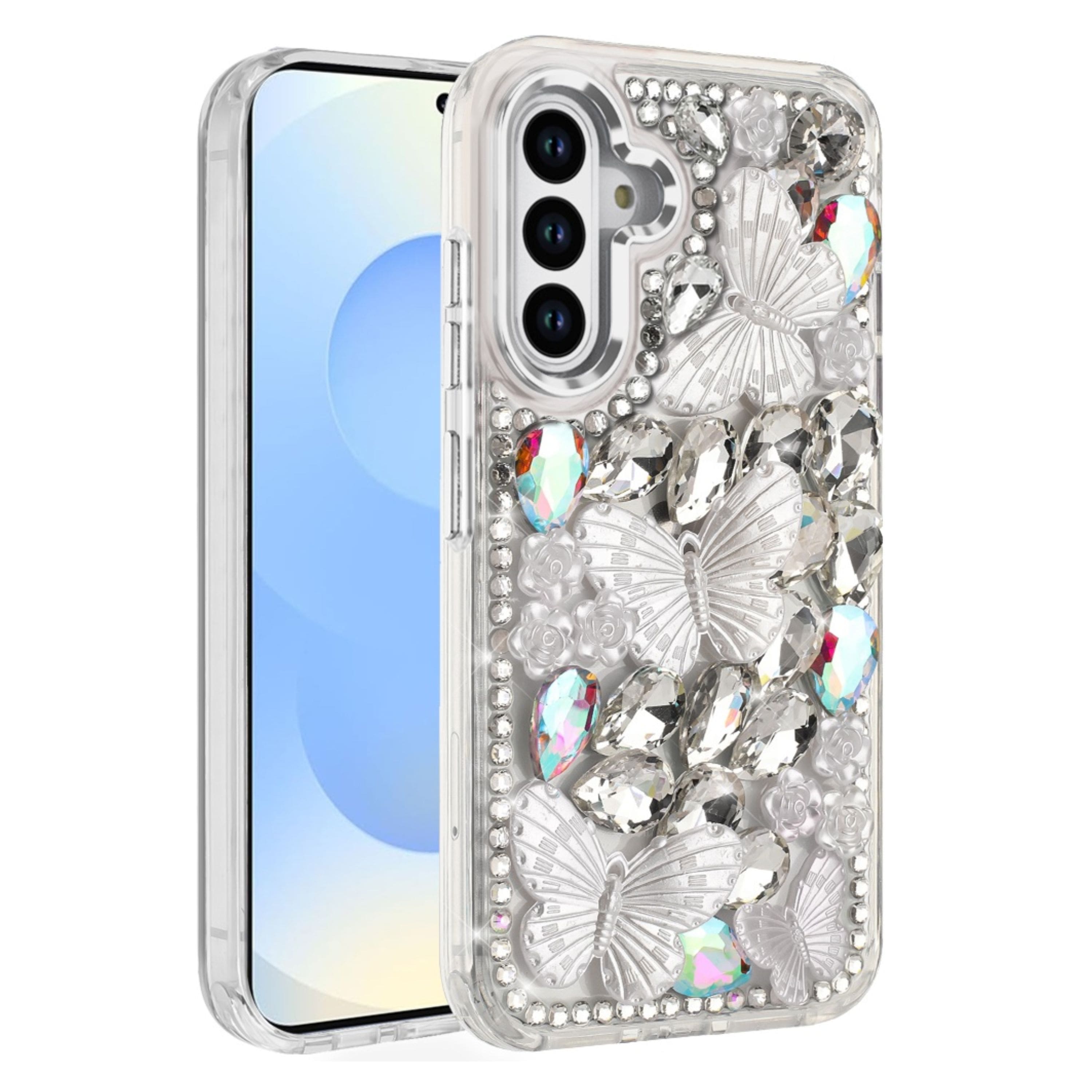 Kitcheniva - Bling Diamond Large Butterflies Design Phone Case With Tempered Glass For Samsung Galaxy S25/S24 - Silver price history on PriceWatchPro