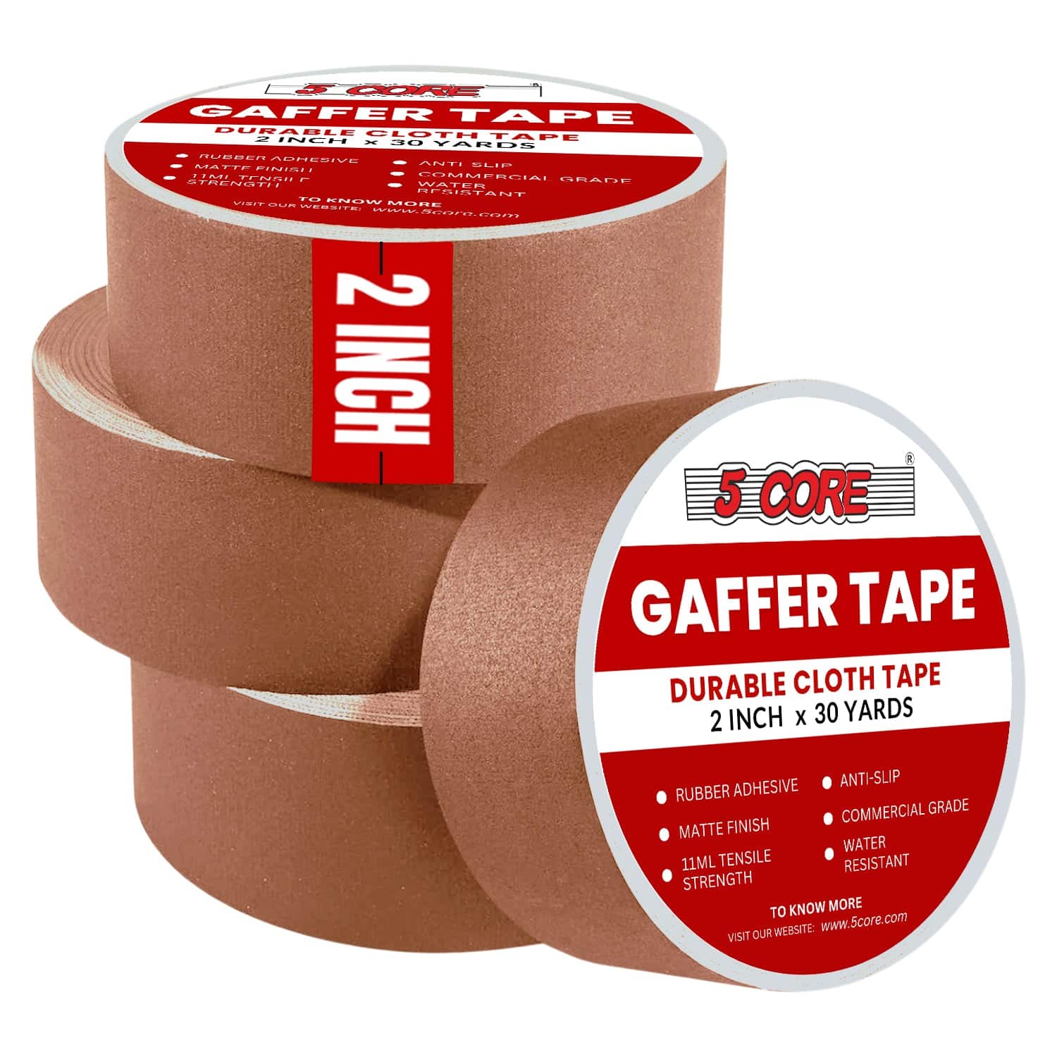 5 CORE - Gaffers Tape 2" 30 Yards 4Pcs Professional Black Pro Gaff Tape Non Reflective Water Resistant - Brown