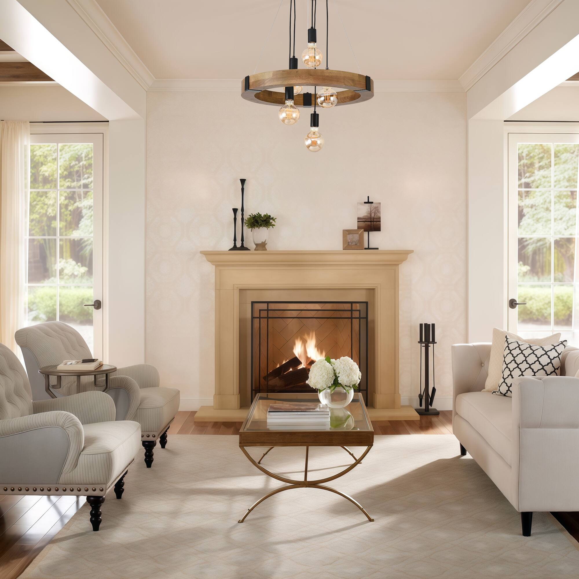 Back. RYHNUYNE - 5-Light Farmhouse Wooden Chandelier 23.62in Circular Pendant with Adjustable Height Rustic Natural Wood Ceiling Light.