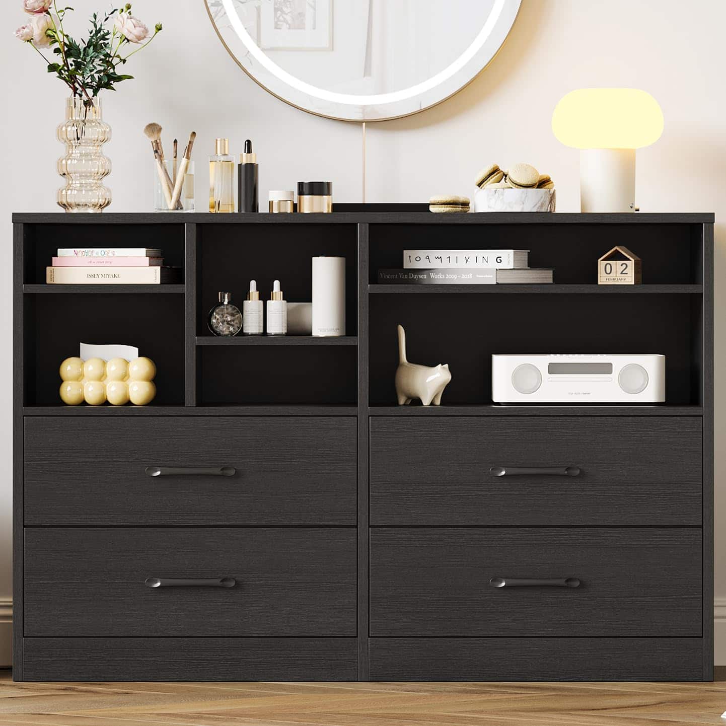 Homhougo - 2pcs Bedroom Dresser with 4 Drawers & 6 Open Shelves, Modern Wood Storage Cabinet for Living Room, Black - ‎Black