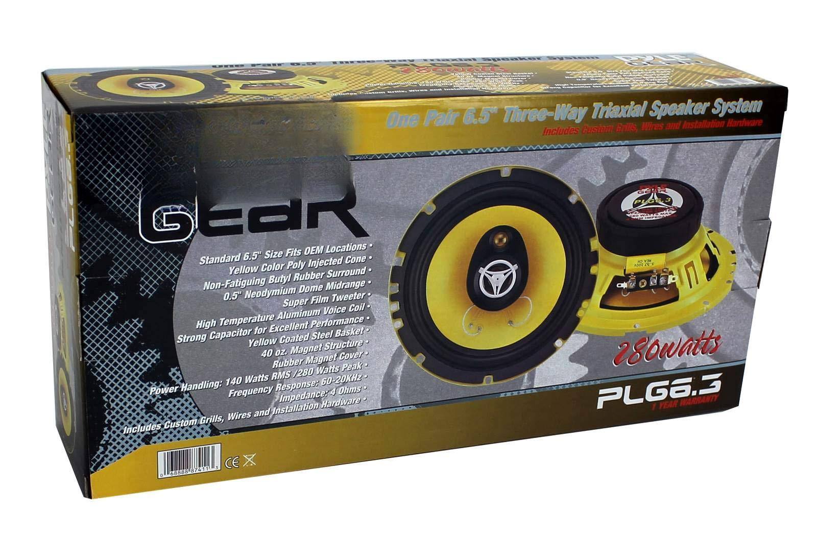 Sure, here is the corrected and grouped text from the image:

---

**GEAR**

**One Pair 6.5" Three-Way Triaxial Speaker System**

- Standard 6.5" Size Fits OEM Locations
- Yellow Color Poly Injected Cone
- Non-Fatiguing Butyl Rubber Surround
- 0.5" Neodymium Dome Midrange
- Super Film Tweeter
- High Temperature Aluminum Voice Coil
- Excellent Performance
- 40 oz. Magnet Structure
- Yellow Coated Steel Basket
- Rubber Magnet Cover
- Power Handling: 140 Watts RMS / 280 Watts Peak
- Frequency Response: 50-20kHz
- Impedance: 4 Ohms
- Includes Custom Grills, Wires and Installation Hardware

**PLG6.3**

**1 YEAR WARRANTY**

---

**Specifications:**

- **Cone:** Yellow Color Poly Injected Cone
- **Surround:** Non-Fatiguing Butyl Rubber
- **Midrange:** 0.5" Neodymium Dome
- **Tweeter:** Super Film Tweeter
- **Voice Coil:** High Temperature Aluminum
- **Basket:** Yellow Coated Steel
