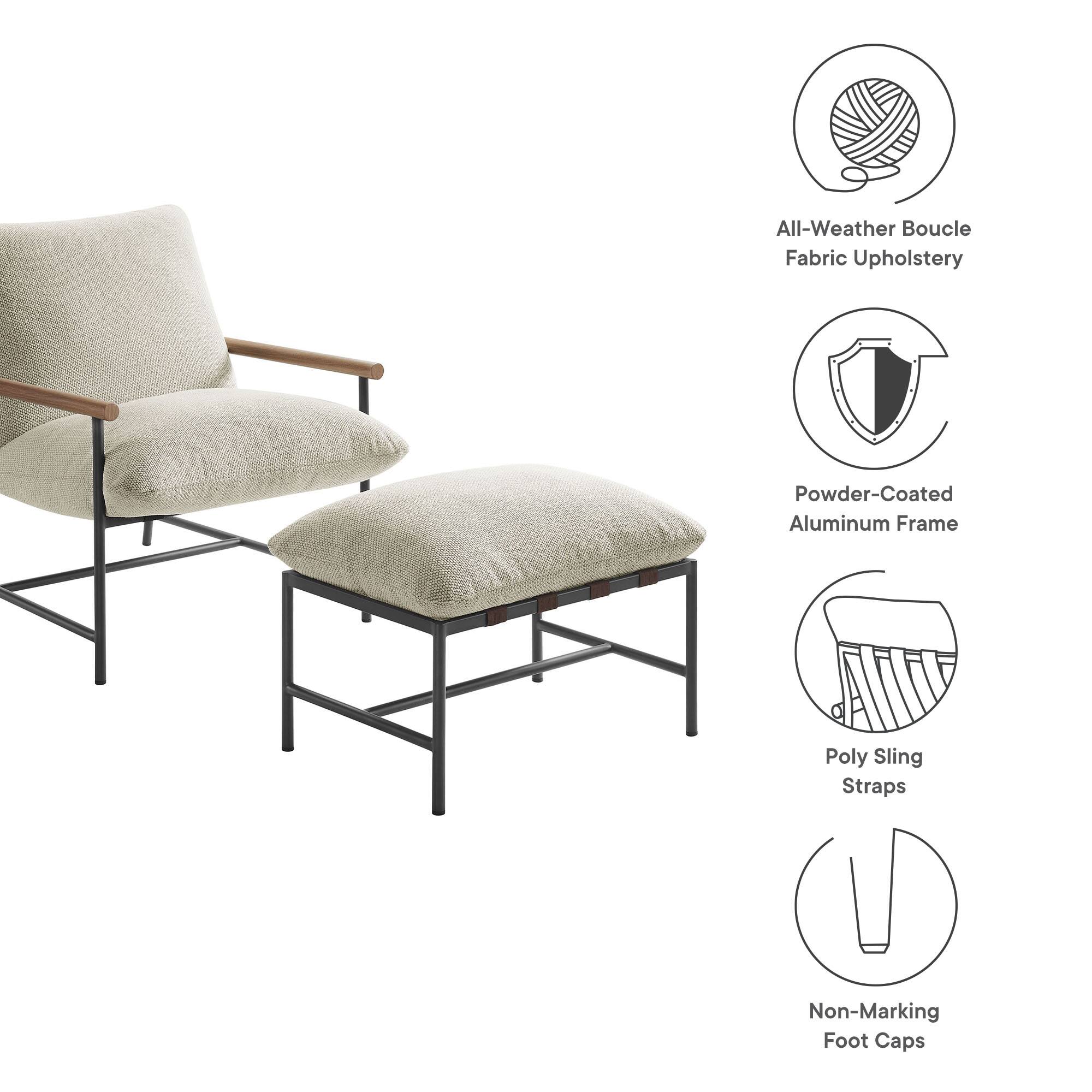 All-Weather Boucle Fabric Upholstery  
Powder-Coated Aluminum Frame  
Poly Sling Straps  
Non-Marking Foot Caps