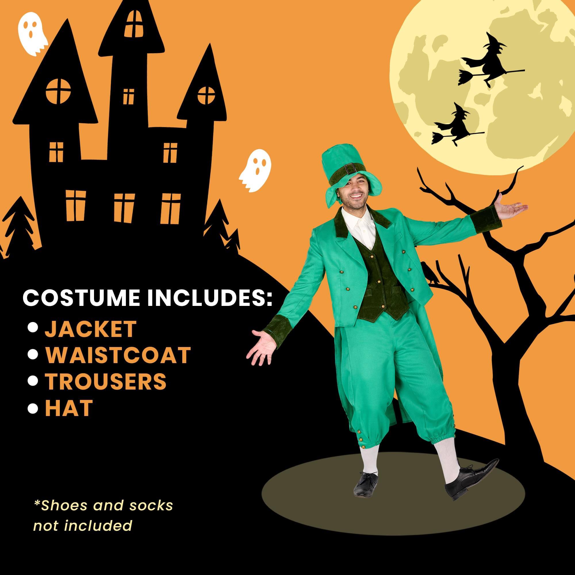COSTUME INCLUDES:  
- JACKET  
- WAISTCOAT  
- TROUSERS  
- HAT  

*Shoes and socks not included
