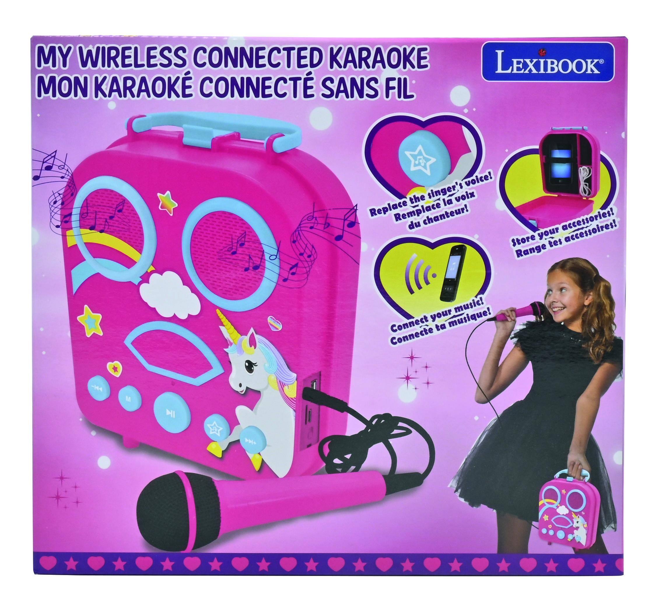 MY WIRELESS CONNECTED KARAOKE  
MON KARAOKE CONNECTÉ SANS FIL  

- Replace the singer's voice!  
  Remplace la voix du chanteur!  

- Store your accessories!  
  Range tes accessoires!  

- Connect your music!  
  Connecte ta musique!  

LexiBook
