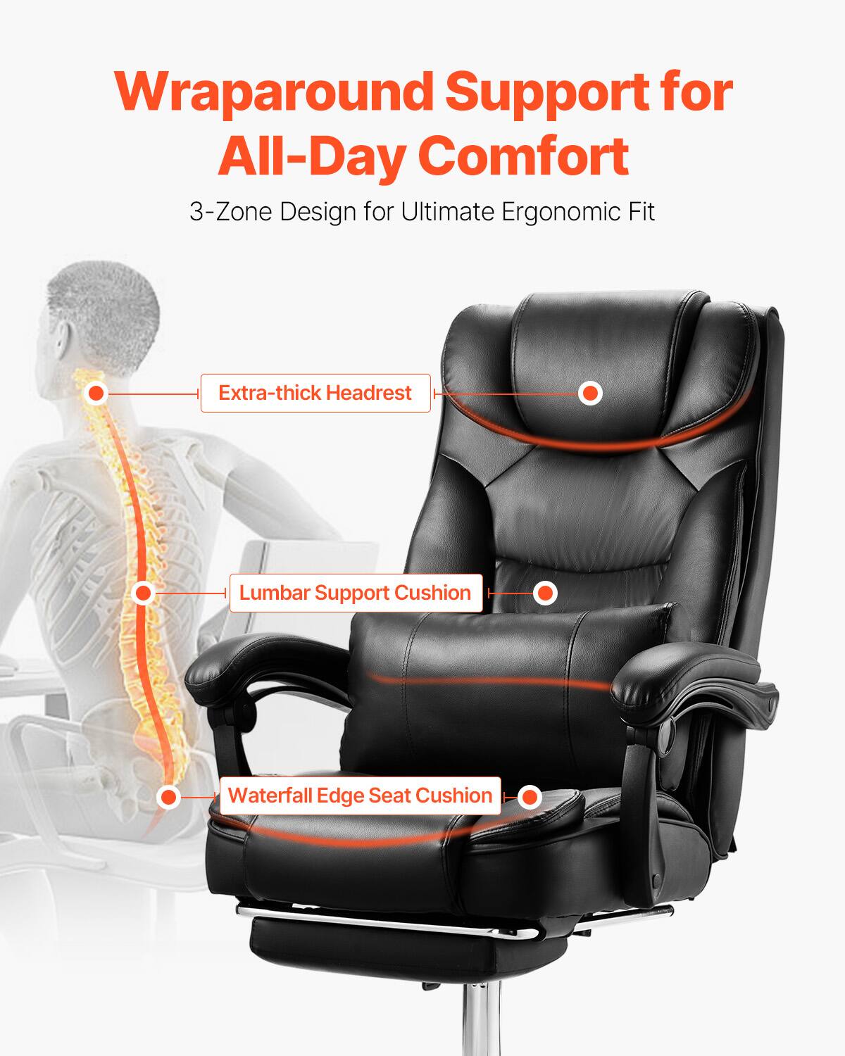 Wraparound Support for All-Day Comfort  
3-Zone Design for Ultimate Ergonomic Fit  

- Extra-thick Headrest  
- Lumbar Support Cushion  
- Waterfall Edge Seat Cushion