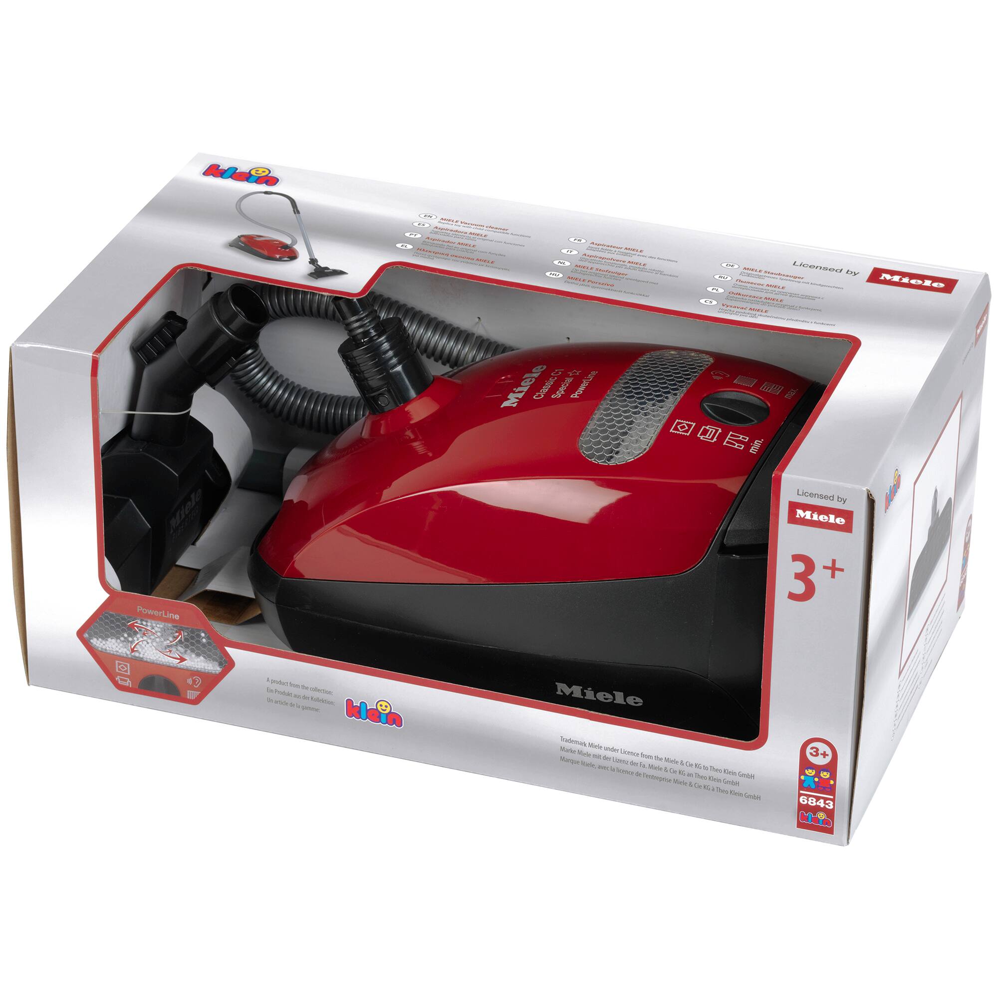 Miele Classic Sc Trowel is a red and black vacuum cleaner that comes with a 3-in-1 tool. It is designed with a powerline and is licensed by Miele. The vacuum cleaner is packed in a box, which also contains a 3+1 tool. The product is made by Miele, a well-known brand for vacuum cleaners.