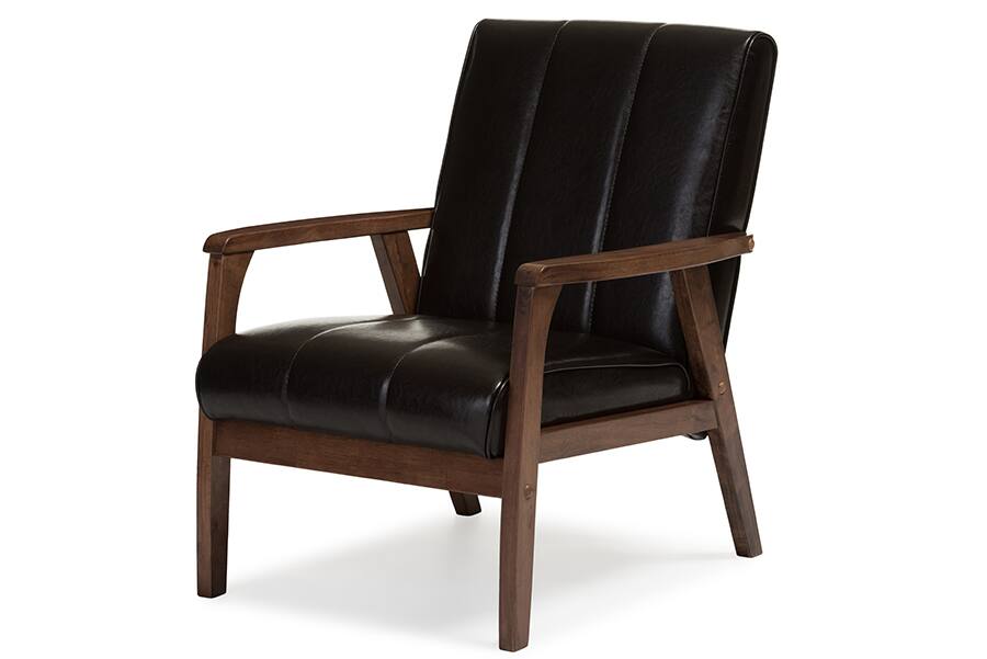 Baxton Studio - Nikko Mid-century Modern Scandinavian Style Dark Faux Leather Wooden Lounge Chair - Dark Brown