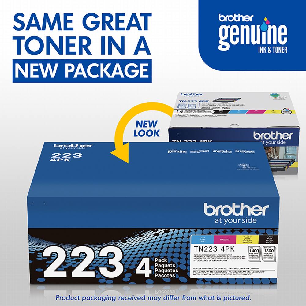 SAME GREAT TONER IN A NEW PACKAGE  
brother genuine INK & TONER by SChe TN-231  
APE Ese InA brother O. poaiO 223 4PK  
NEW LOOK brother your side 2oGRTD nurthedTipuarg oreiaos Oriumas ON brother at your side  
i  - i MGESTA ALO oo  AAS mn - CN TN223 4PK 1400 1300 -N -  N Tnes PMN  n - n IN UNM nnoN 223 Pack  
TAM 4 Paquets P C Paquetes MAMRS 400 49 45/90W  
Pacotes PO43790CW MPC-LSFS0COW MPC-LSFPOCDW  
Pacotes  
Product packaging received may differ from what is pictured.