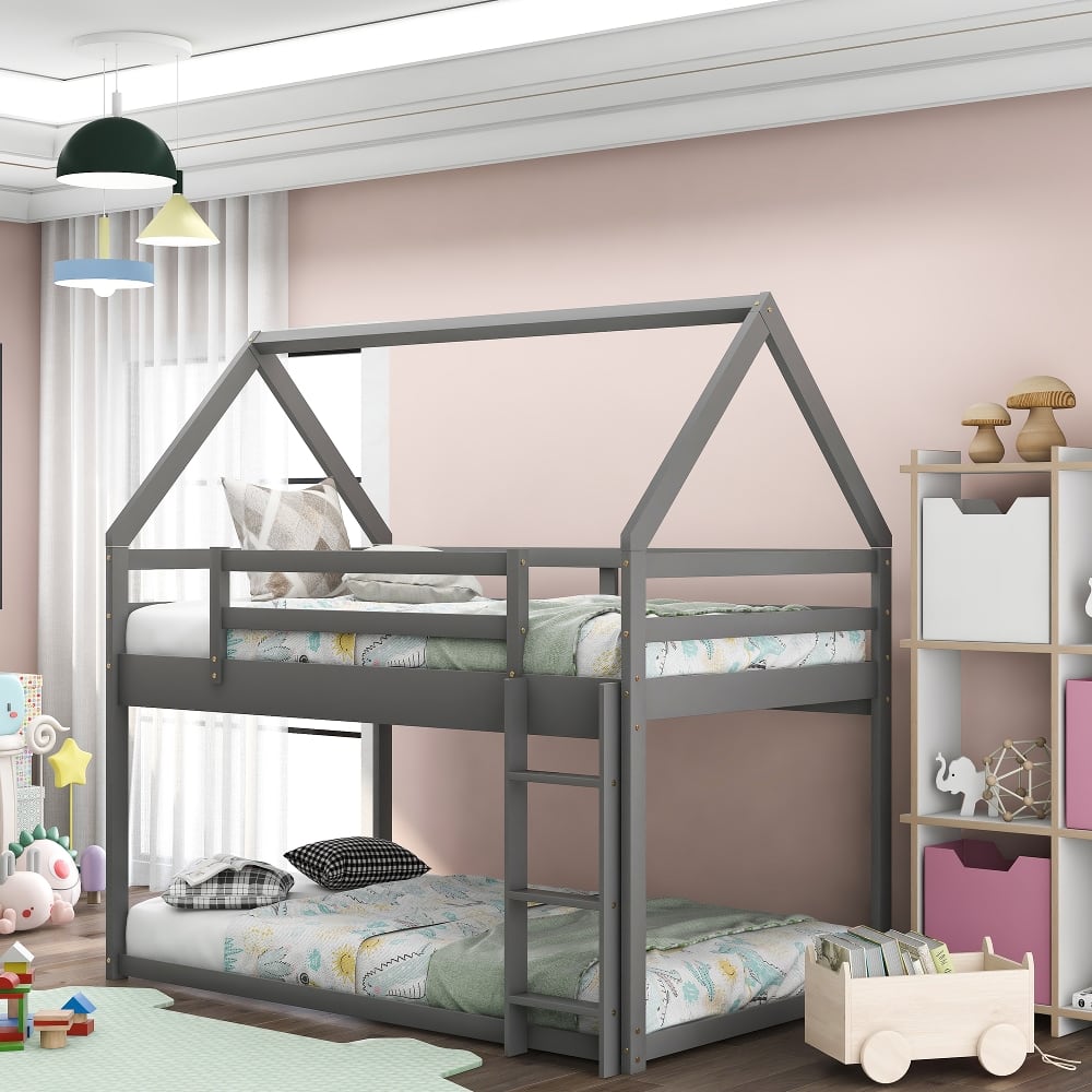 Loheer - Twin Over Twin Bunk Bed Low Profile House Bed Frame - Gray