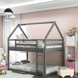 Loheer - Twin Over Twin Bunk Bed Low Profile House Bed Frame - Gray