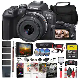Canon - EOS R10 Mirrorless Camera W/ 18-45mm Lens + 4K Monitor + VideoMic + More (International Version)