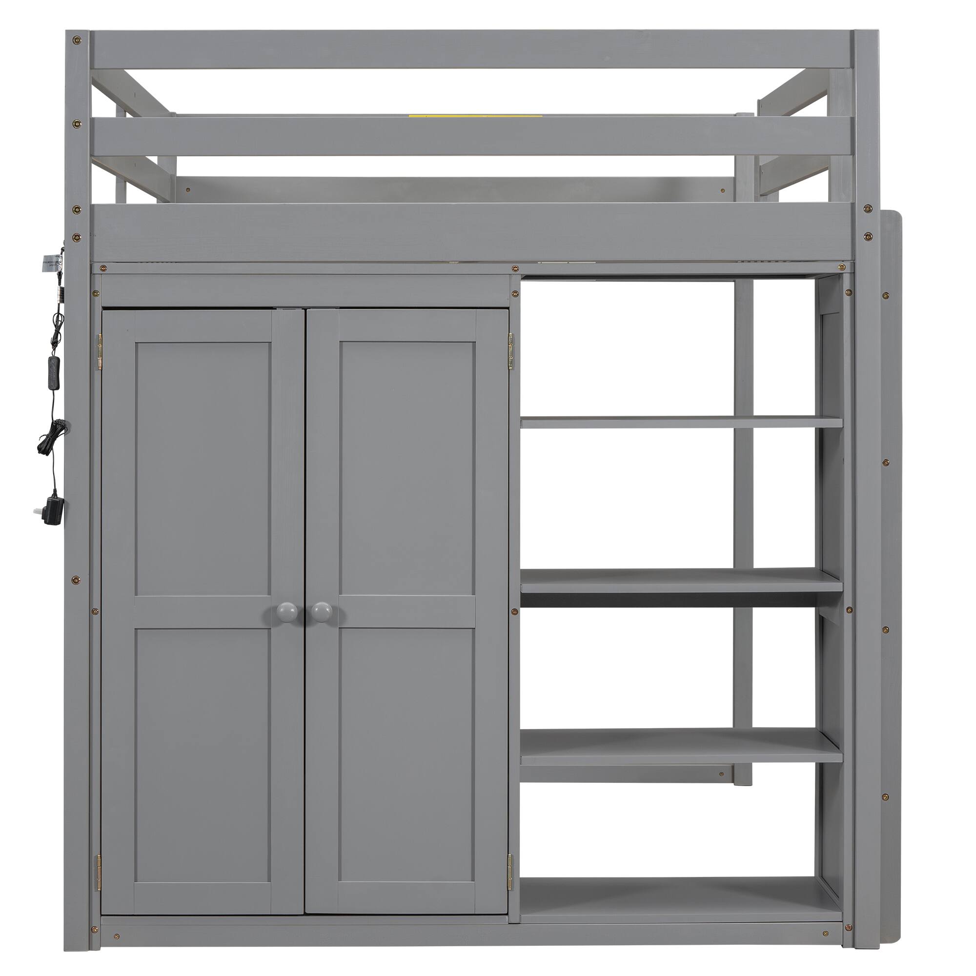 Alt View 2. Whisen - Full Size Loft Bed with Built-in Wardrobe, Storage Shelves and LED Light, Wood Frame - Gray.