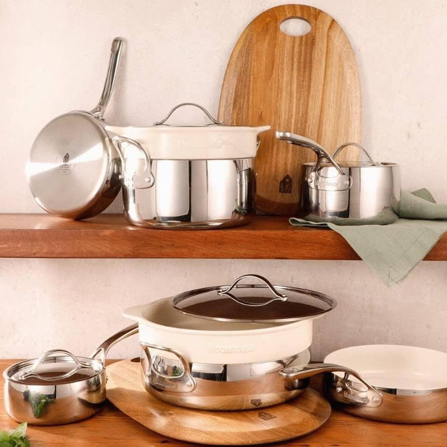 Alt View 5. Bloomhouse - 12 Piece Triply Stainless Steel Pots and Pans Cookware Set 137674.12 - Stainless Steel and Cream.