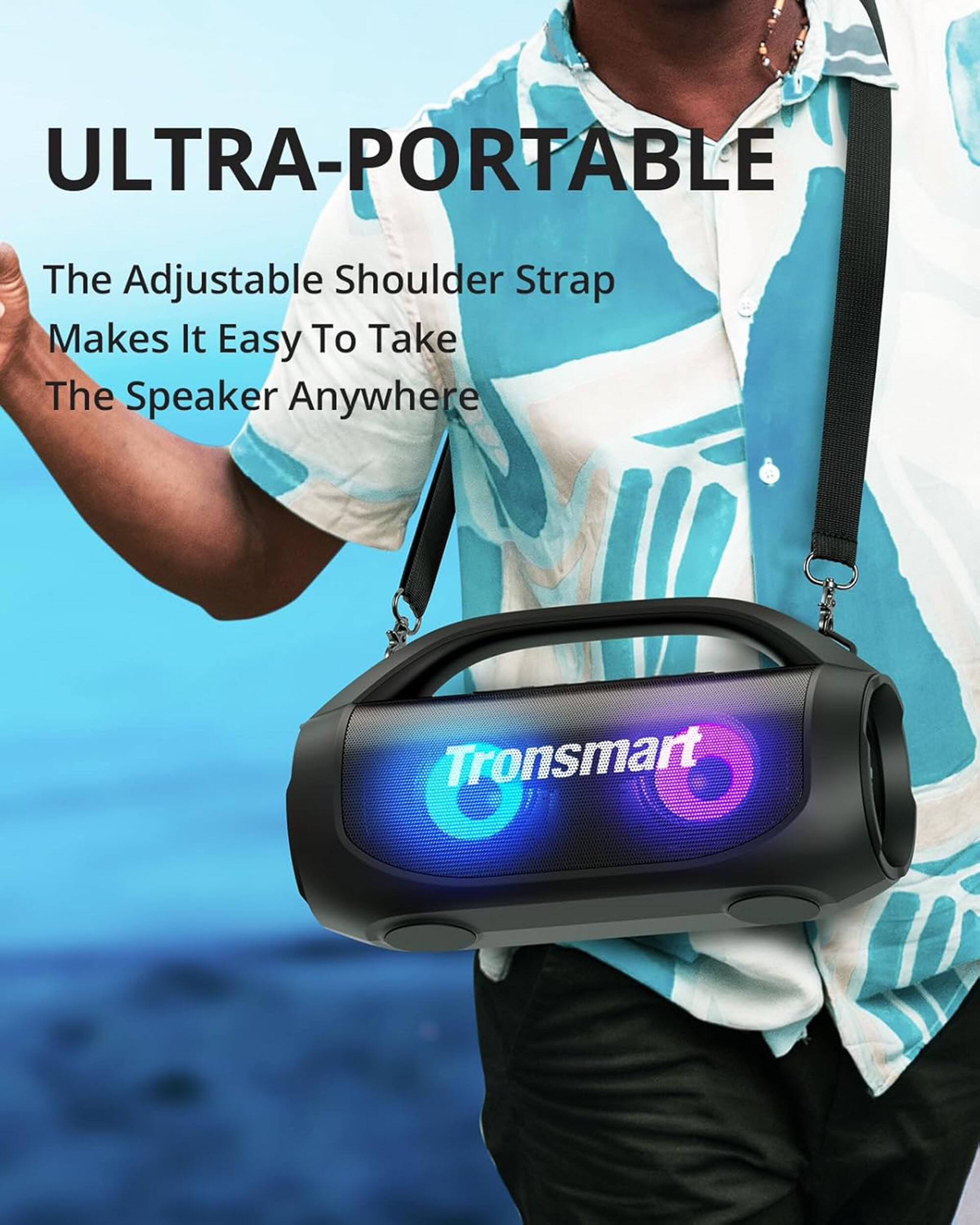 Ultra-Portable: The Adjustable Shoulder Strap Makes It Easy To Take The Speaker Anywhere Tronsmart.
