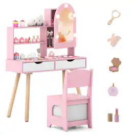 Costway - Kids Vanity Set with 3-Color Lighting Modes, Adjustable Brightness, Mirror Cabinet - Pink