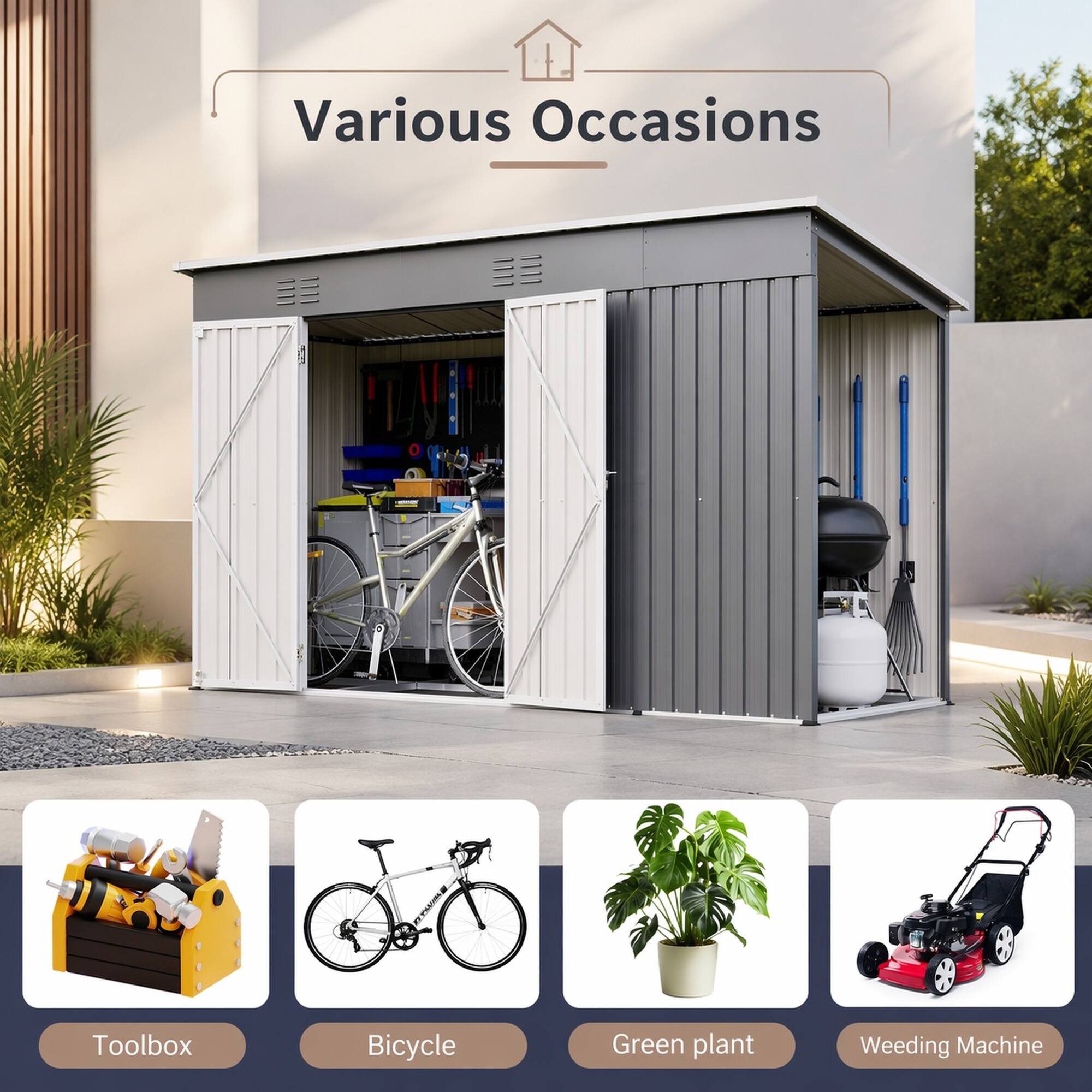 Various Occasions

- Toolbox
- Bicycle
- Green plant
- Weeding Machine