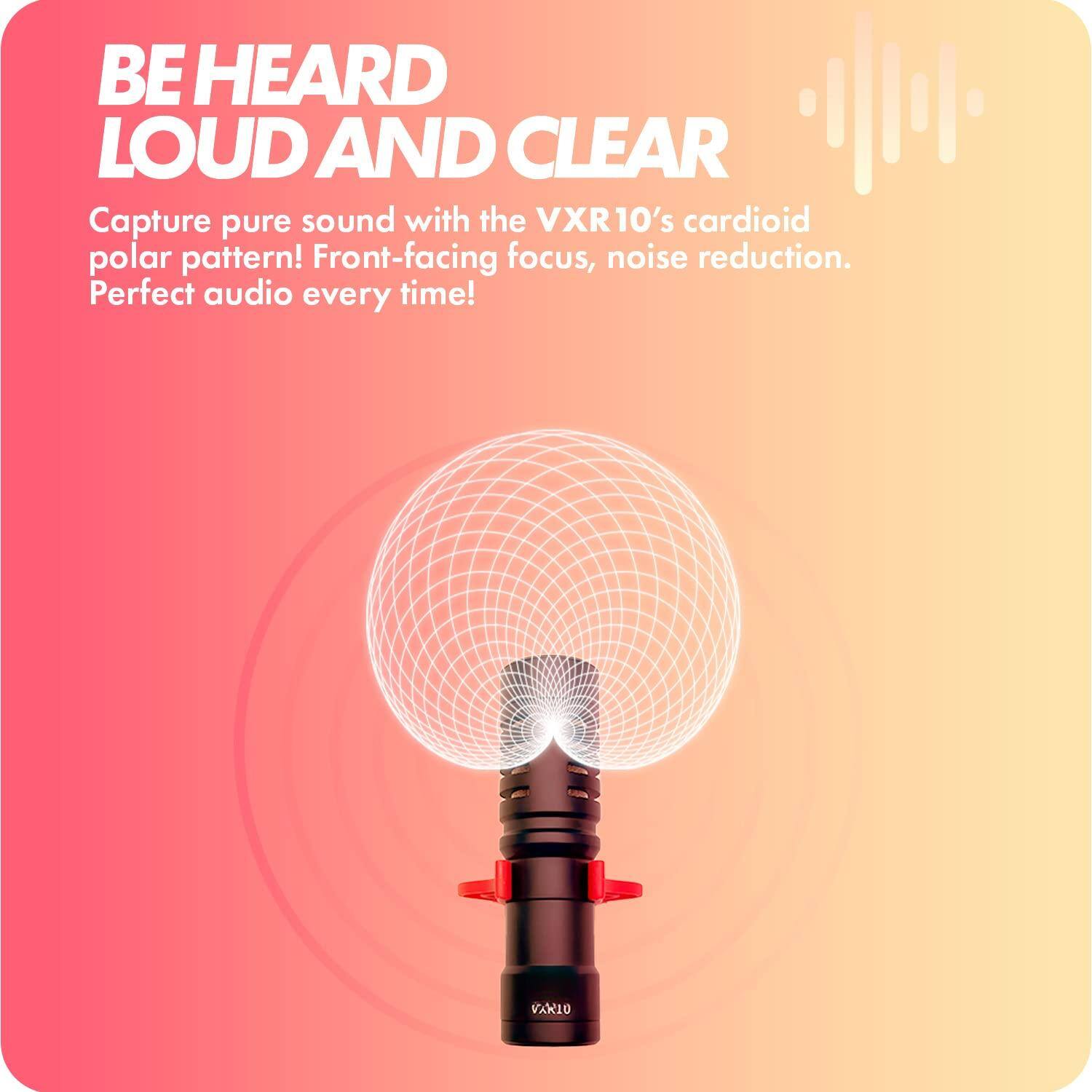 BE HEARD LOUD AND CLEAR

Capture pure sound with the VXR10's cardioid polar pattern! Front-facing focus, noise reduction. Perfect audio every time!