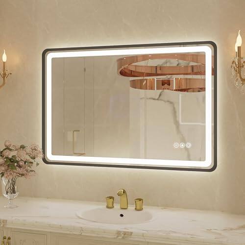 Comfort Essence - Frame Led Bathroom Mirror With Lights Dimmable Smart Lighted Anti-fog 3 Colors Frontlit And Backlit Water - Black-24"L x 36"W