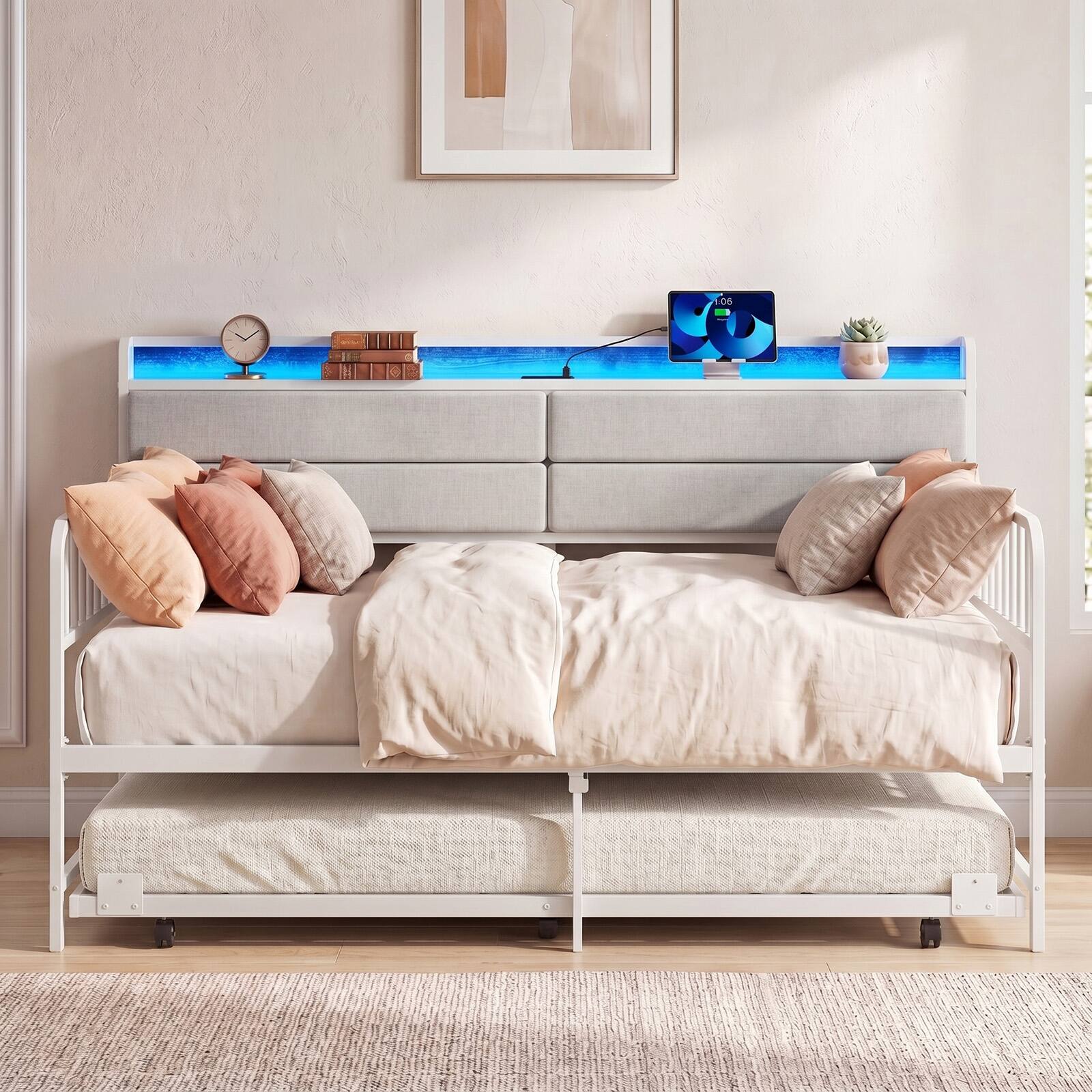 Alt View 3. Costway - Costway Daybed with Trundle LED Lights Charging Station Upholstered Storage Headboard - White.