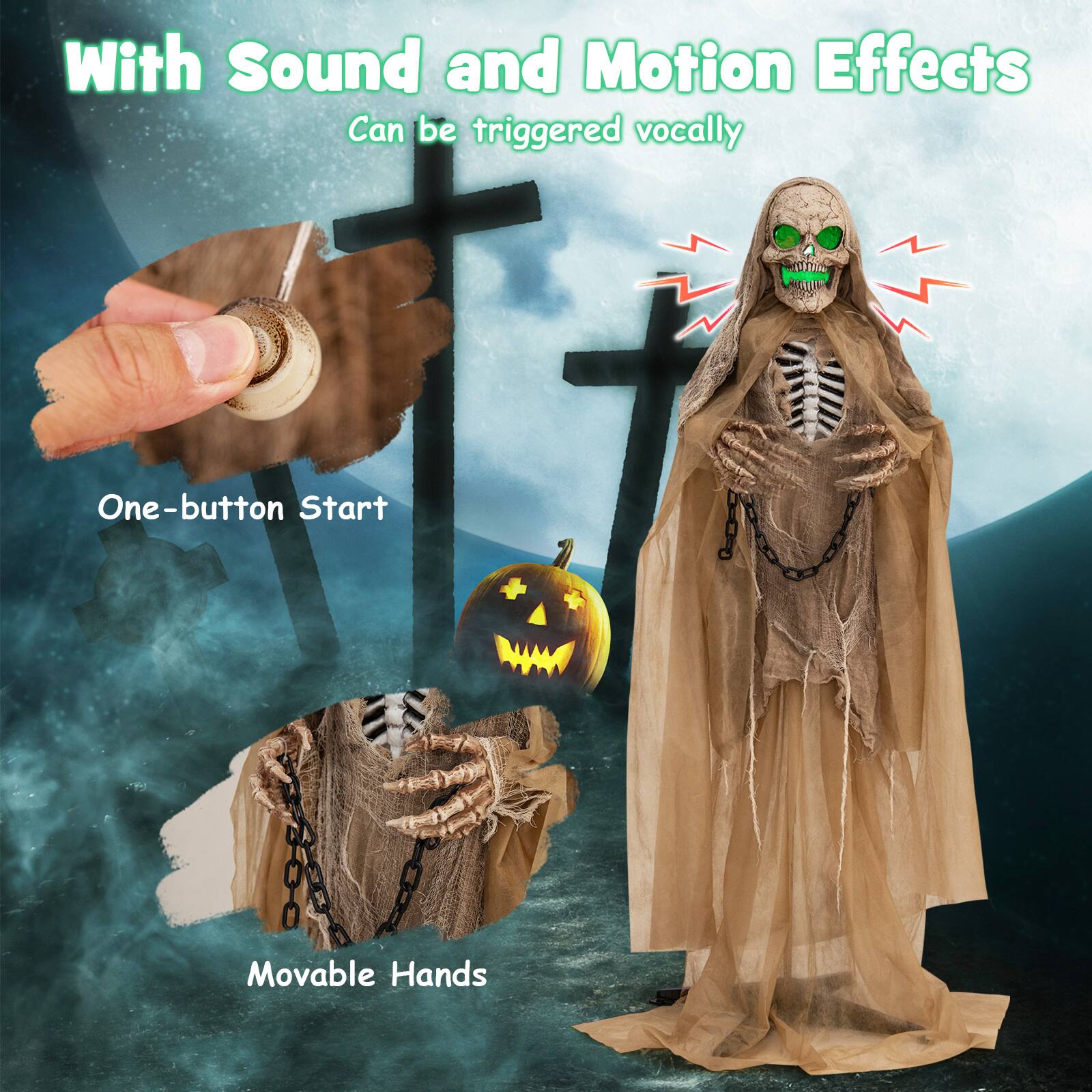 The image features a skeleton figure with a green face and a chain around its neck. The skeleton is wearing a robe and holding a coin. The text on the image suggests that the skeleton figure has sound and motion effects that can be triggered vocally, with a one-button start. Additionally, the skeleton has movable hands, which adds to its interactive nature.