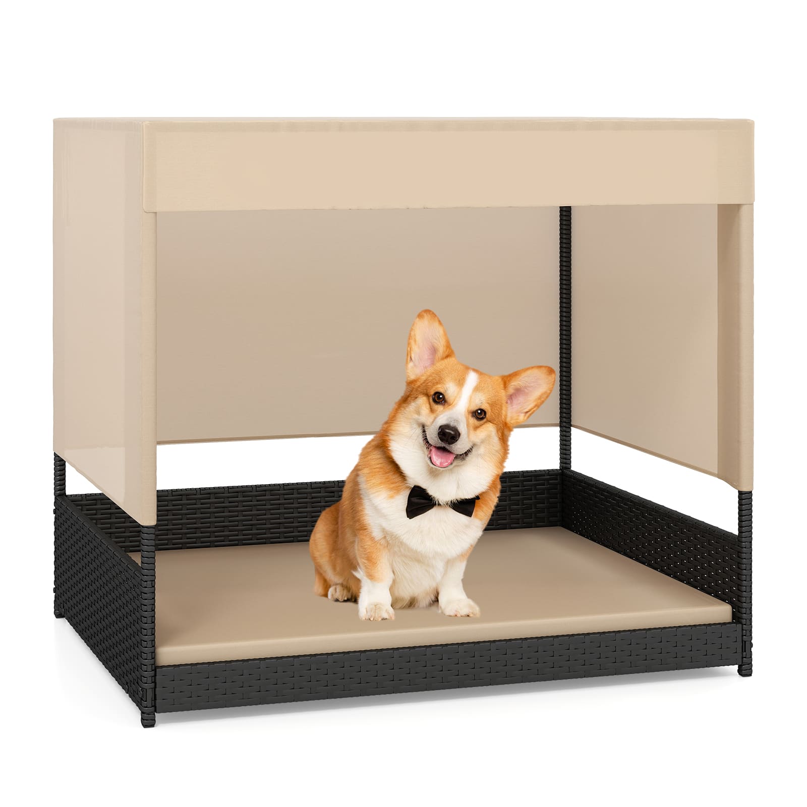 Gymax - Outdoor Dog Shelter w/Cushioned Bed & Removable Sunproof Canopy Raised Legs