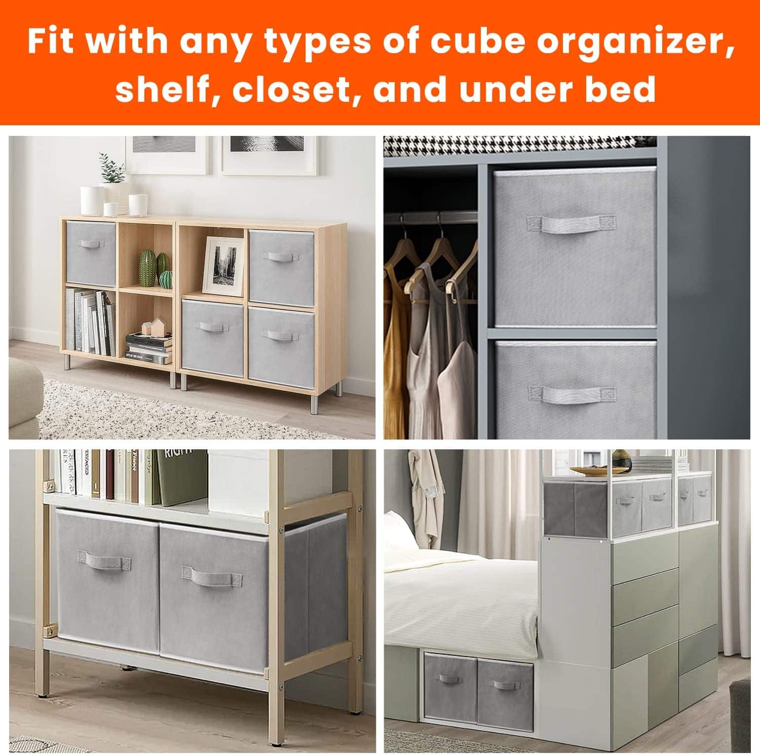 RTMB - 11" Fabric Storage Cubes 8pk – Grey, Collapsible, Heavy-Duty for Shelves