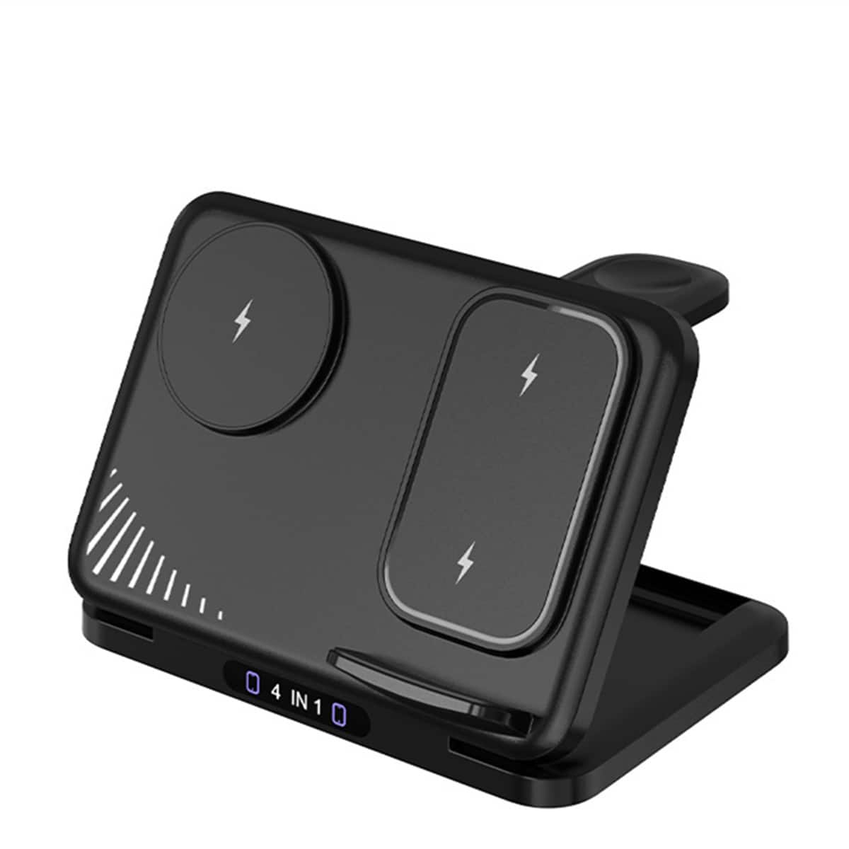 RISOKEYS - 4-in-1 Dual-Device 15W Fast Wireless Charger - Power Adapter with Folding Stand for Apple iPhone and Watch - Black