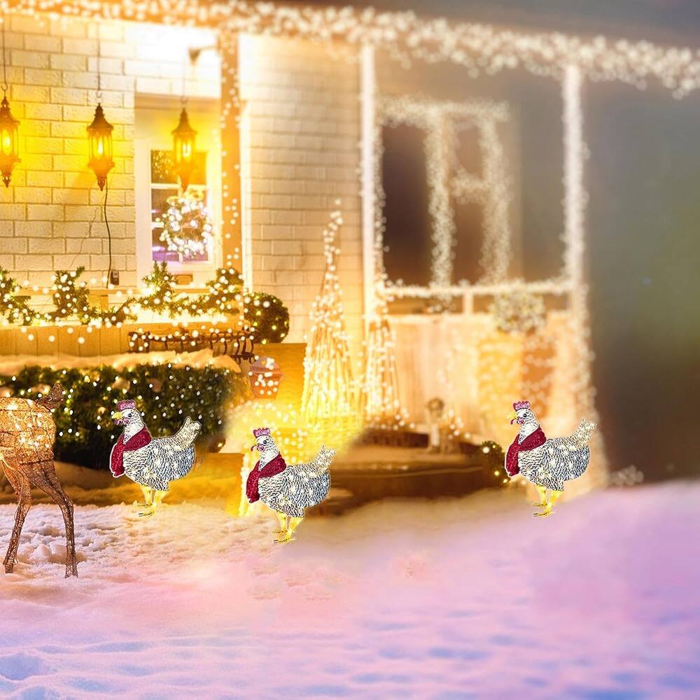 Back. Schertz - 2 PCS Medium Light-Up Chicken with Scarf, LED Christmas Yard Decoration - Red.