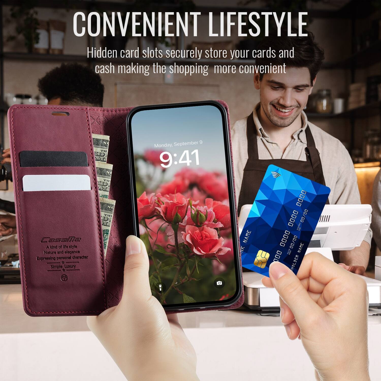 CONVENIENT LIFESTYLE  
Hidden card slots securely store your cards and cash making the shopping more convenient  

FH DT  
September 9 Monday, 9:41  

Casella  
A kind of a style  
Nature and elegance  
Expressing personal character  
Simple Luxury  

NAME: NK  
0000 00/00 00 0000  
l GG 0000 00/00  
NAME: 000 HOLDER
