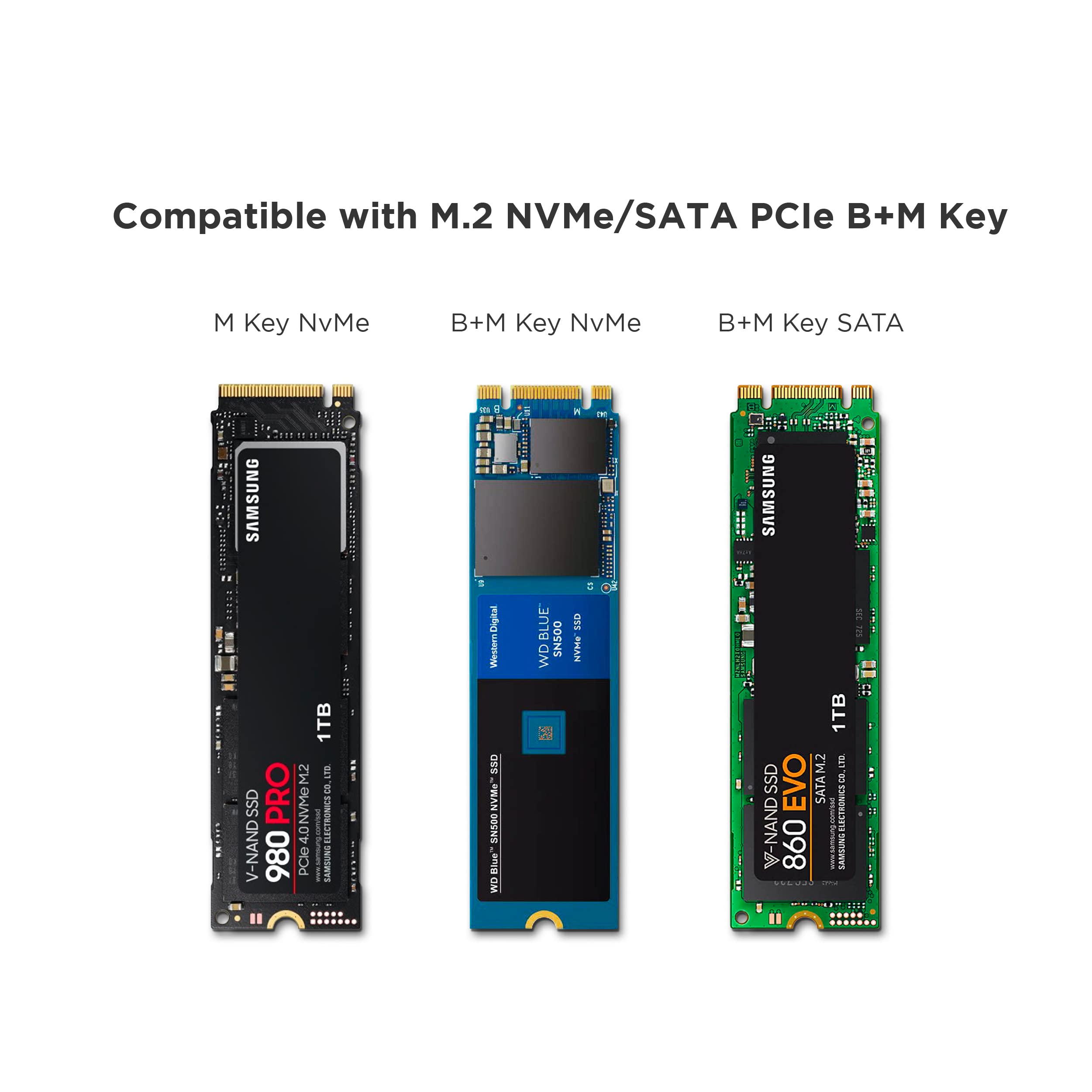 Compatible with M.2 NVMe/SATA PCIe B+M Key

M Key NVMe  
B+M Key NVMe  
B+M Key SATA

SAMSUNG 980 PRO 1TB M.2 NVMe  
SAMSUNG 860 EVO 1TB M.2 SATA