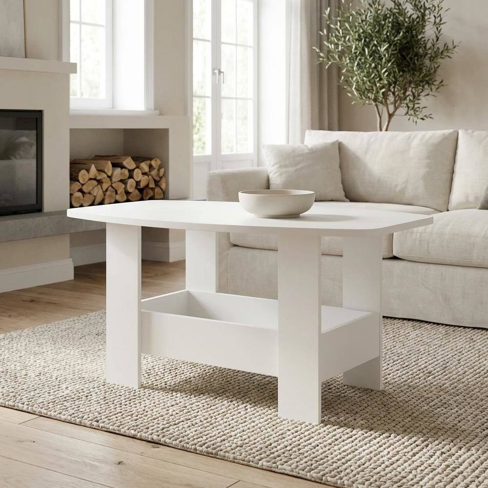 Left. FurniFact - White Coffee Table with Storage Compartment and Sleek Modern Design - White.
