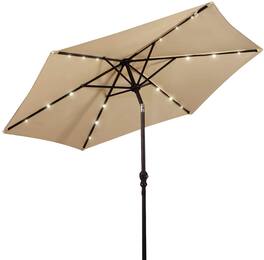 Costway - 9ft Market Patio Umbrella w/Solar Lights & 40 LBS Steel Umbrella Stand - Beige