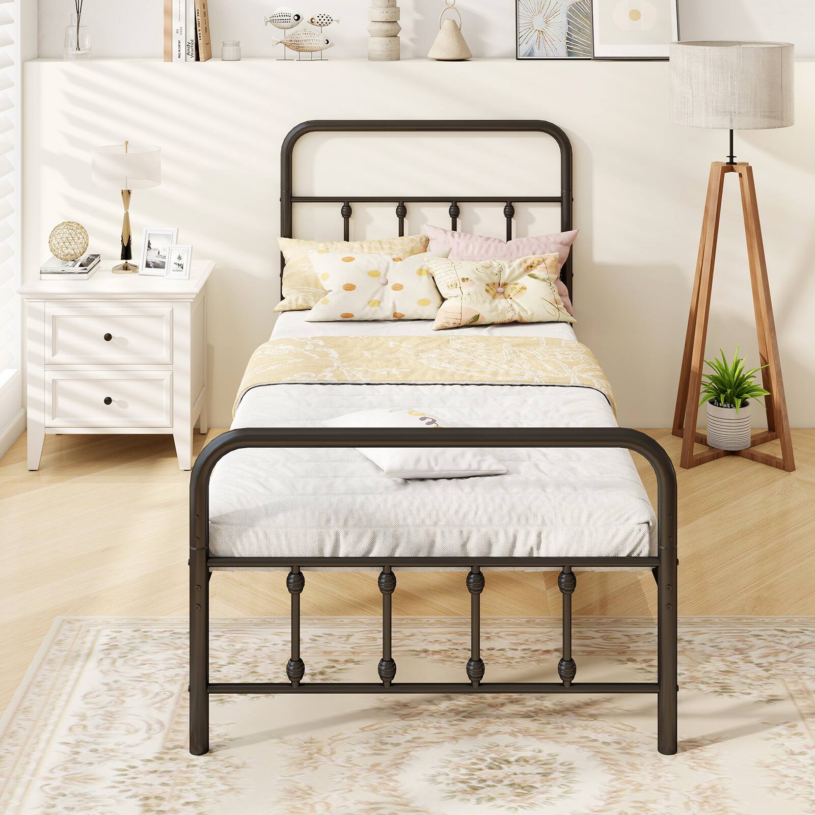Angle. LUCKY ONE - Twin Assembled Metal Bed Frame with Victorian Headboard Under Bed Storage - Black-Twin.