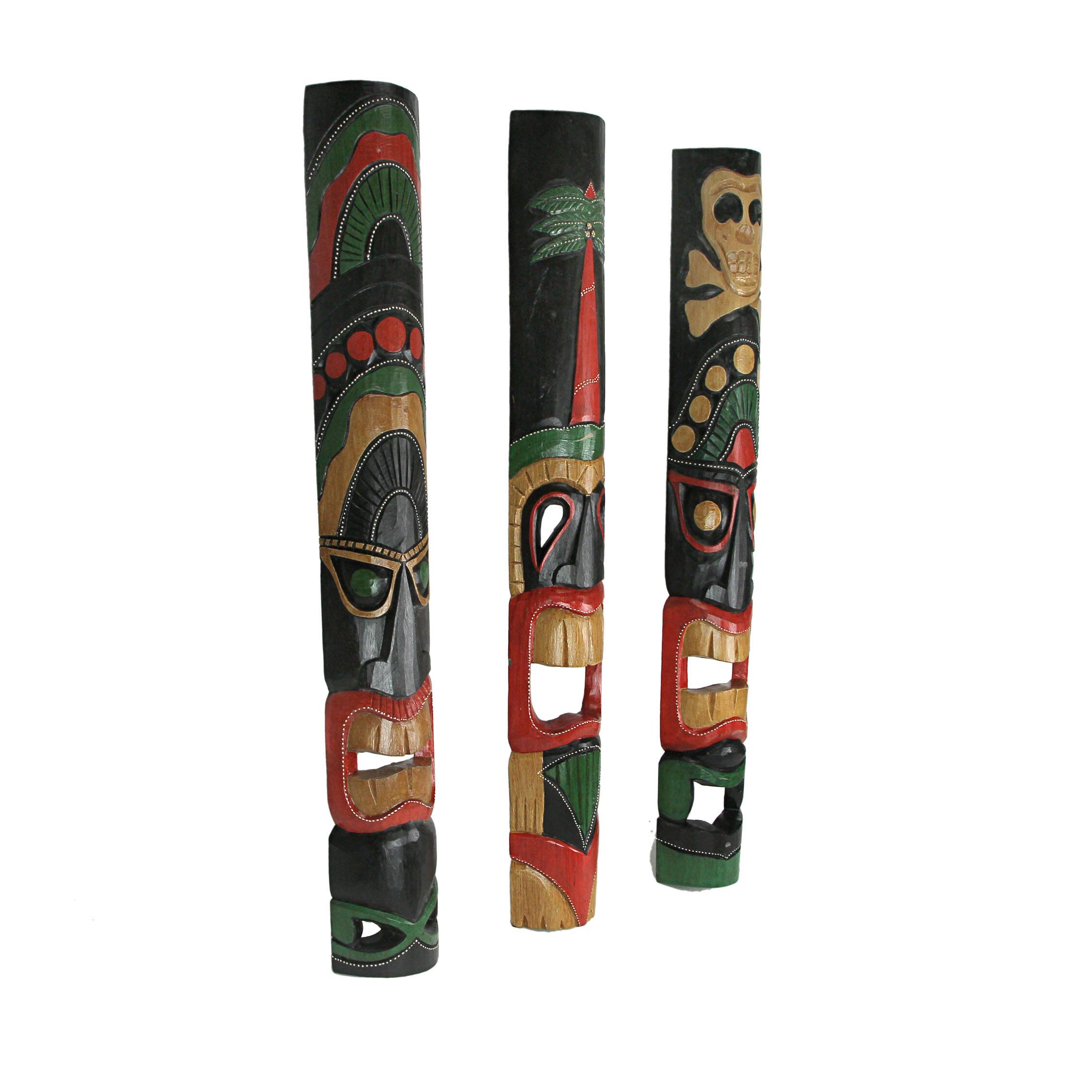 Alt View 1. Zeckos - Set of 3 Hand Carved 39 Inch Tall Island Style Polynesian Tiki Masks - Multicolored.