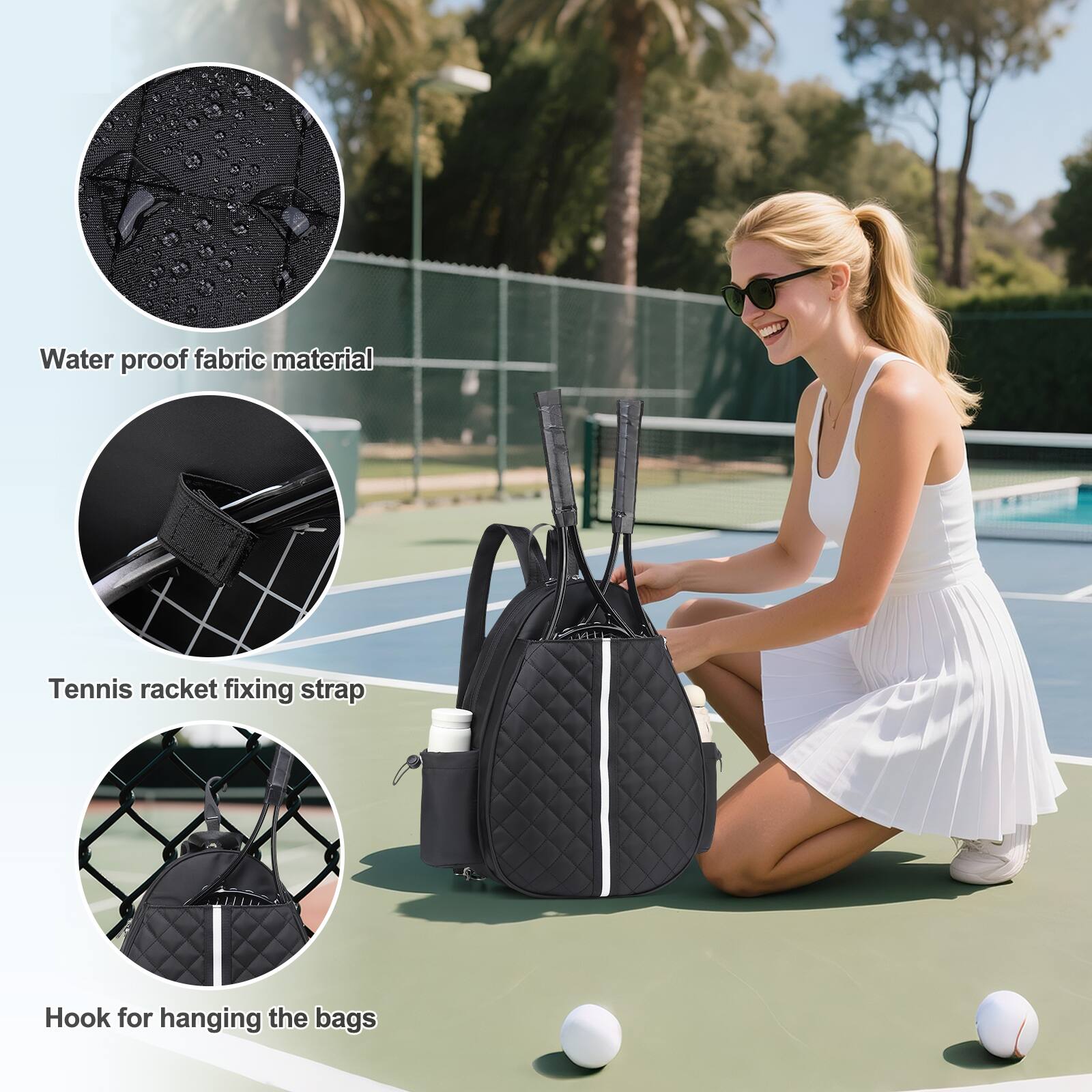 Waterproof fabric material  
Tennis racket fixing strap  
Hook for hanging the bags